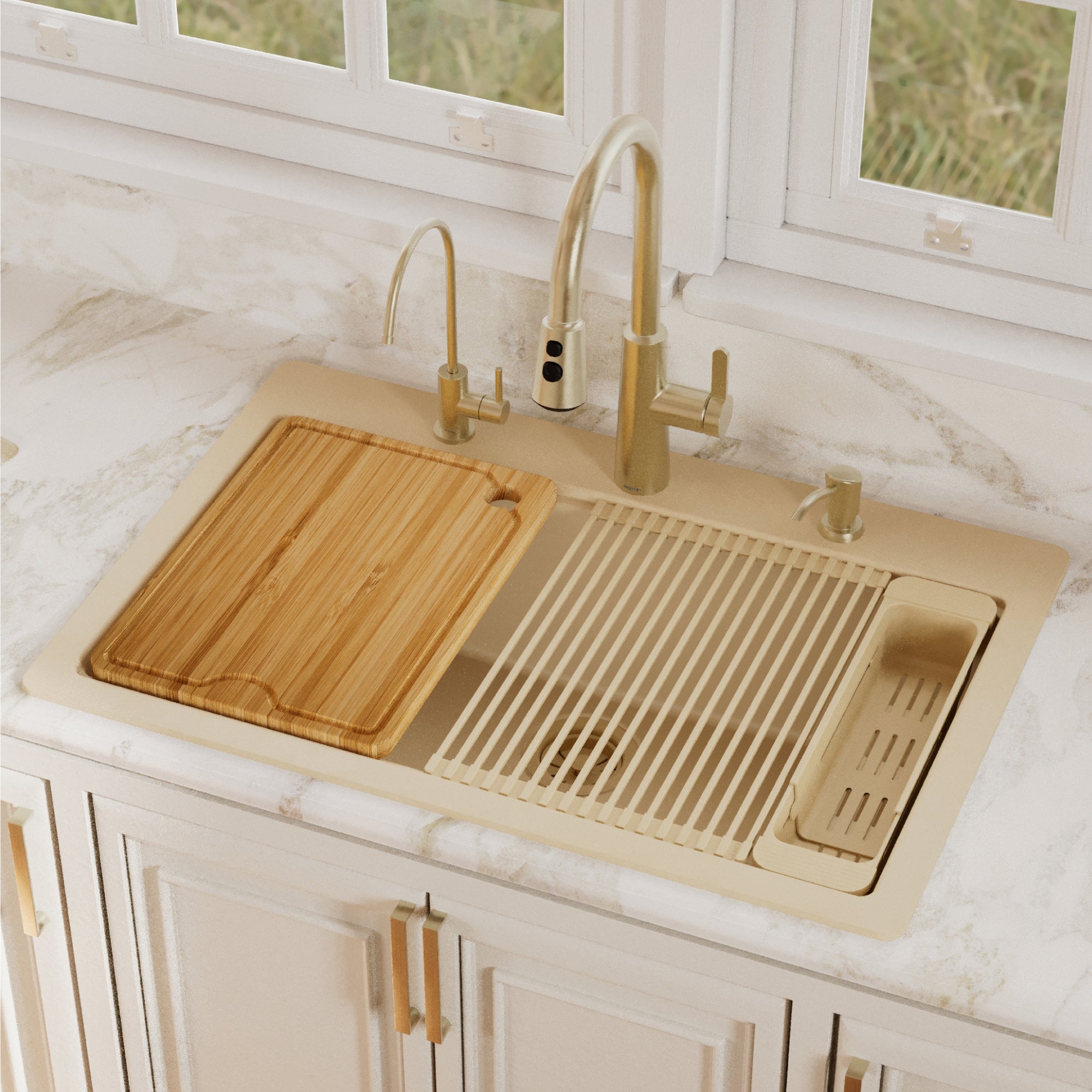 Karran 33 quartz composite workstation kitchen sink bisque lifestyle image