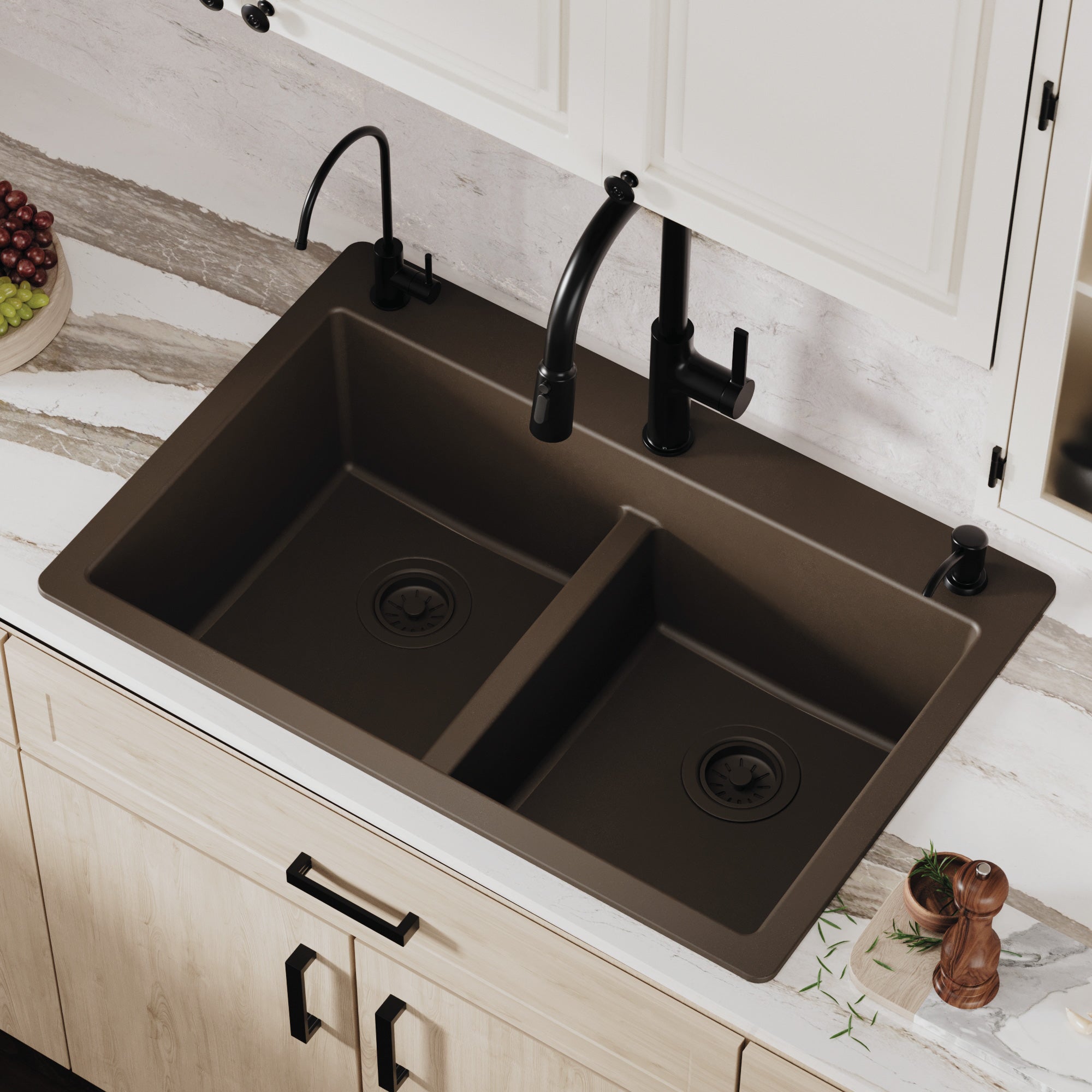 Alternative View of Karran 33" Drop In/Topmount Quartz Composite Kitchen Sink, 50/50 Double Bowl, Brown, QT-810-BR