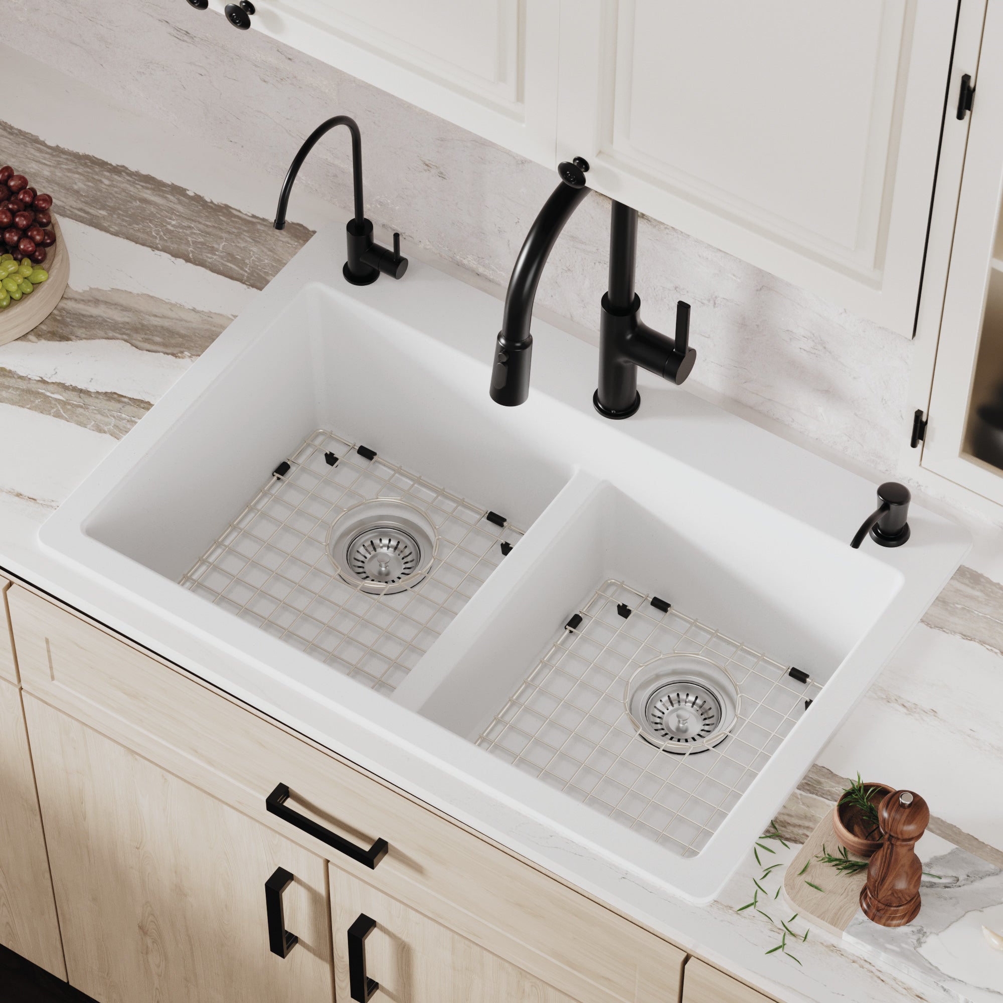 Alternative View of Karran 33" Drop In/Topmount Quartz Composite Kitchen Sink with Accessories, 50/50 Double Bowl, White, QT-810-WH-PK1