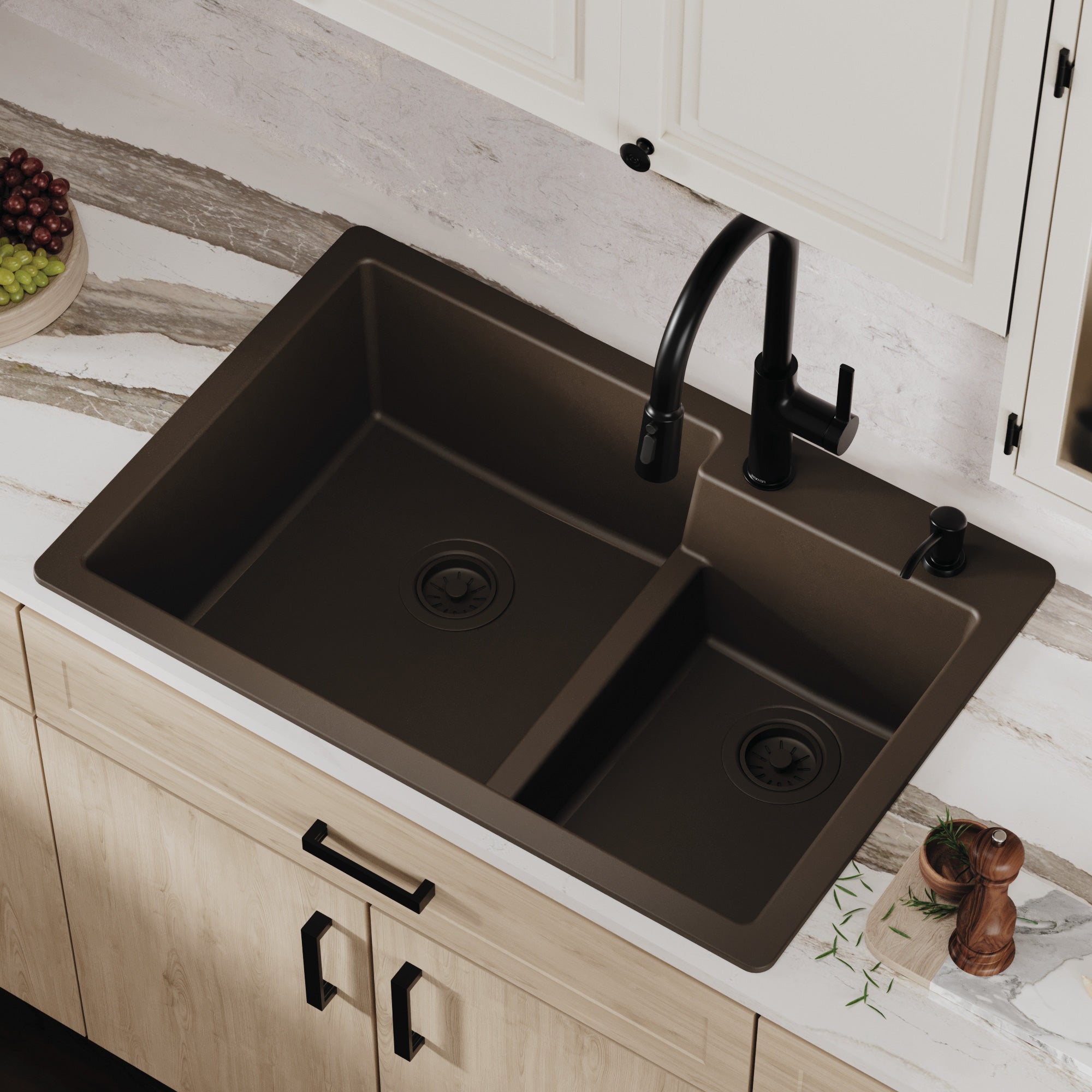 Alternative View of Karran 33" Drop In/Topmount Quartz Composite Kitchen Sink, 60/40 Double Bowl, Brown, QT-811-BR