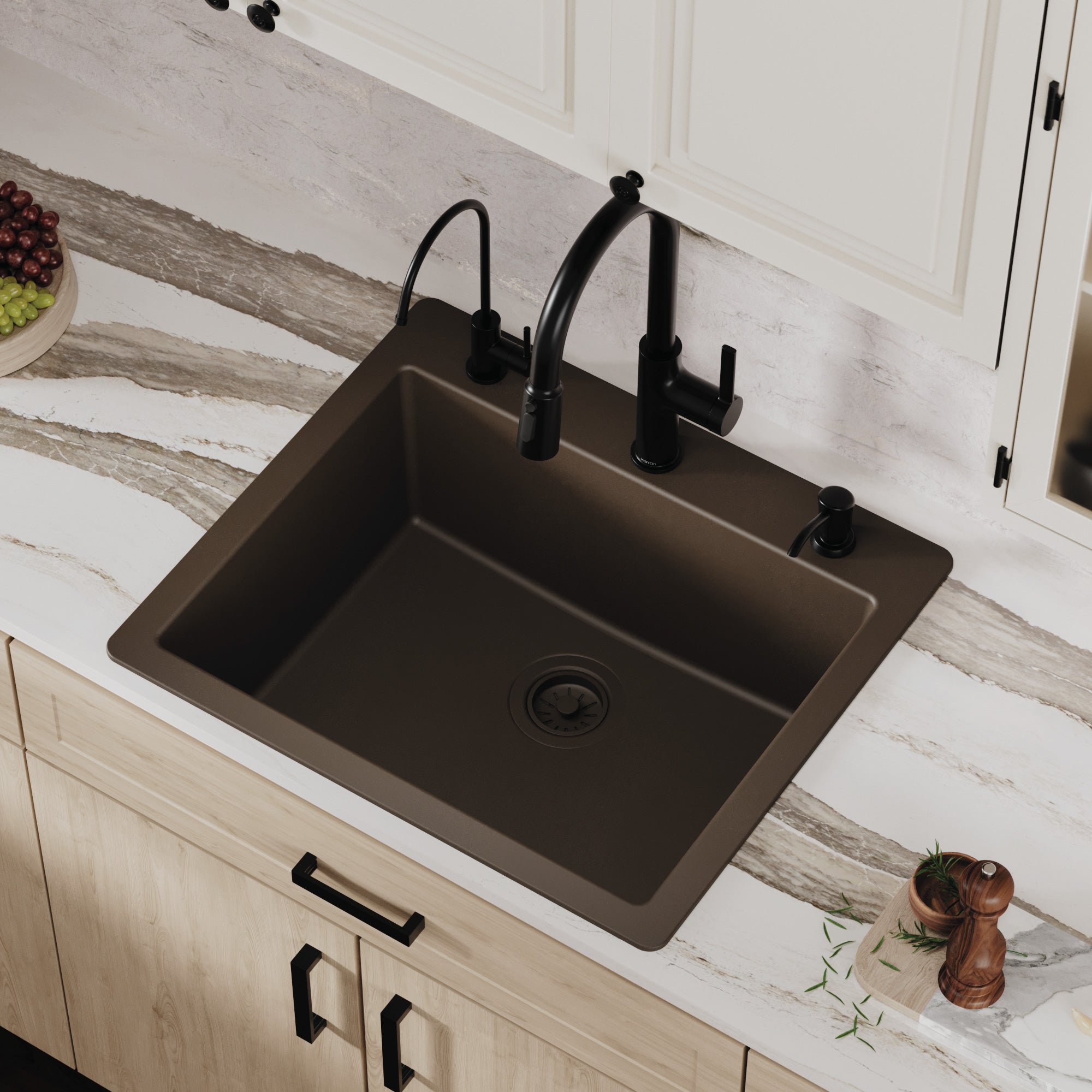 Alternative View of Karran 25" Drop In/Topmount Quartz Composite Kitchen Sink, Brown, QT-820-BR
