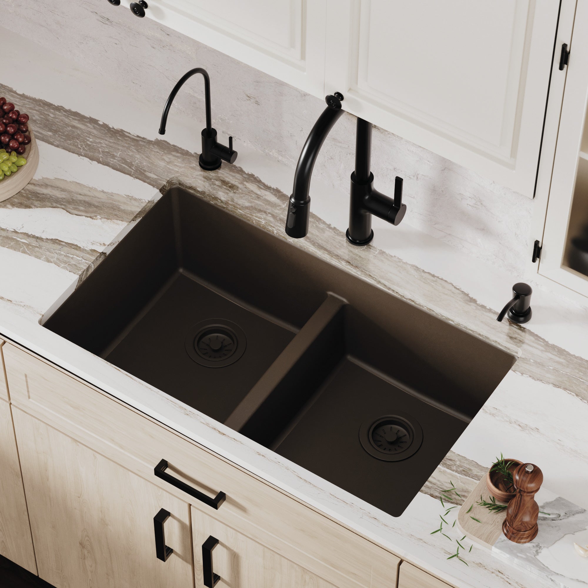 Alternative View of Karran 32" Undermount Quartz Composite Kitchen Sink, 50/50 Double Bowl, Brown, QU-810-BR
