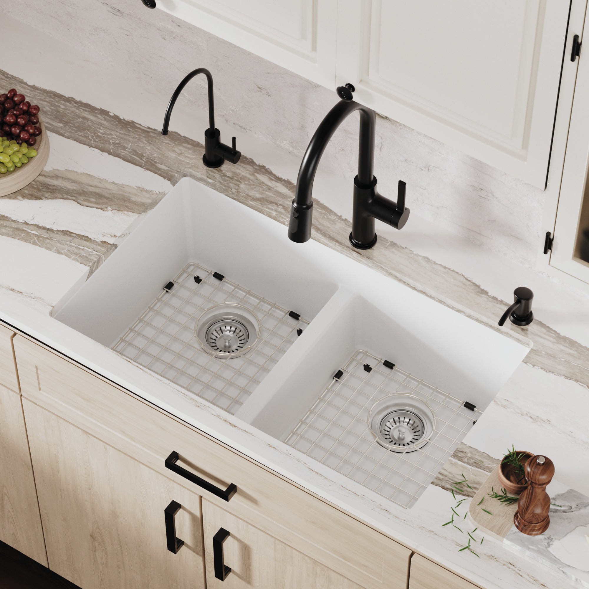 Alternative View of Karran 32" Undermount Quartz Composite Kitchen Sink with Accessories, 50/50 Double Bowl, White, QU-810-WH-PK1