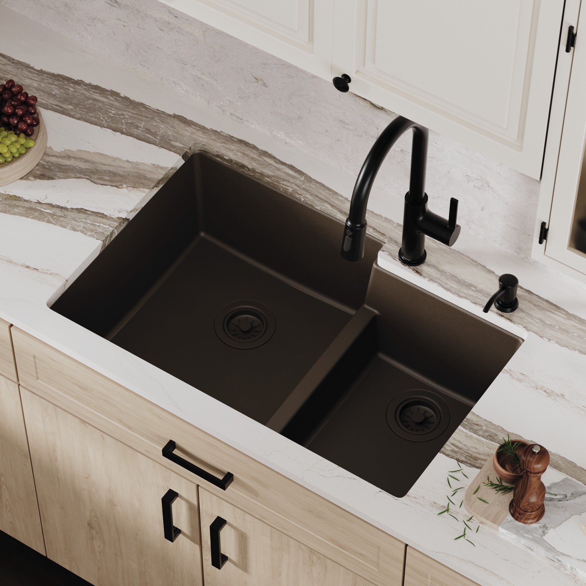 Alternative View of Karran 32" Undermount Quartz Composite Kitchen Sink, 60/40 Double Bowl, Brown, QU-811-BR