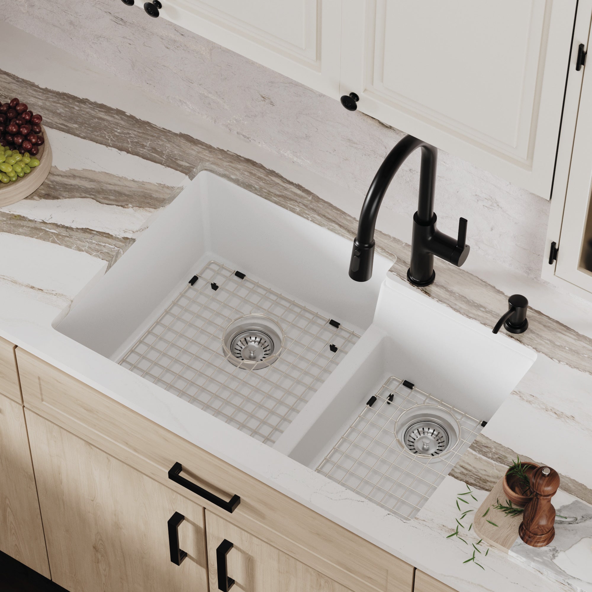 Alternative View of Karran 32" Undermount Quartz Composite Kitchen Sink with Accessories, 60/40 Double Bowl, White, QU-811-WH-PK1