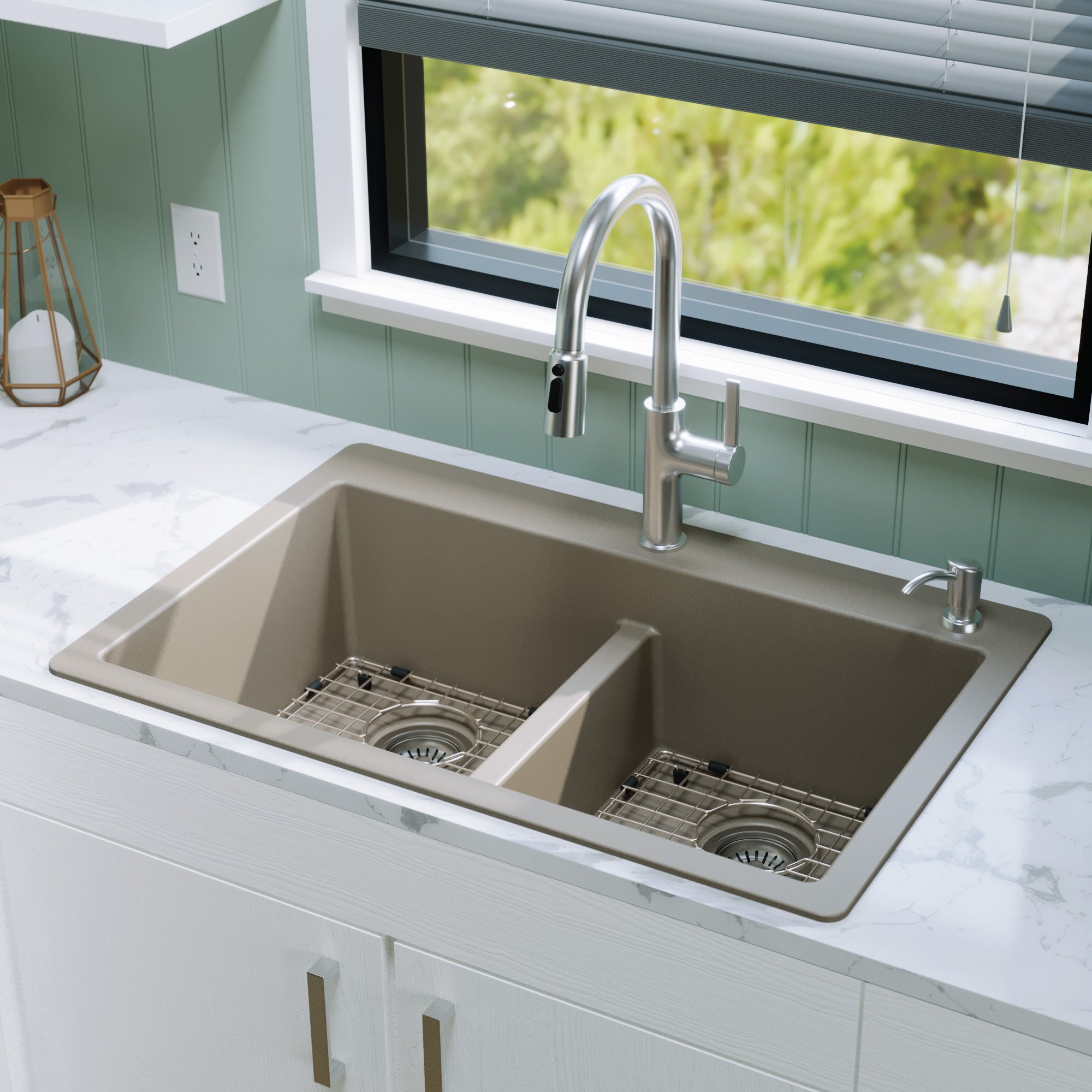 Alternative View of Karran 33" Drop In/Topmount Quartz Composite Kitchen Sink with Accessories, 50/50 Double Bowl, Concrete, QT-810-CN-PK1