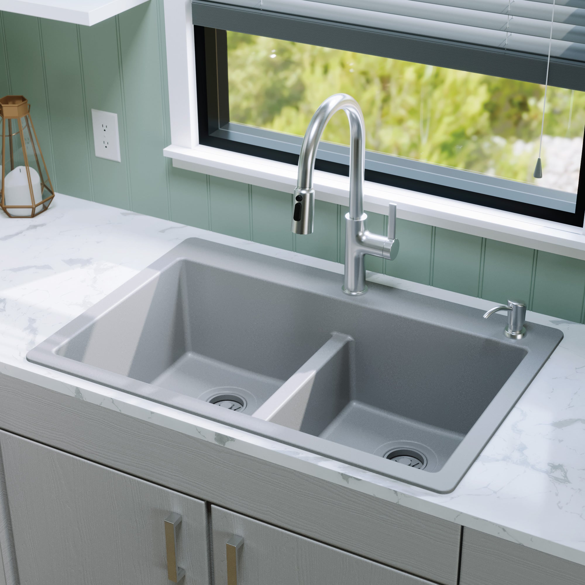 Alternative View of Karran 33" Drop In/Topmount Quartz Composite Kitchen Sink, 50/50 Double Bowl, Grey, QT-810-GR