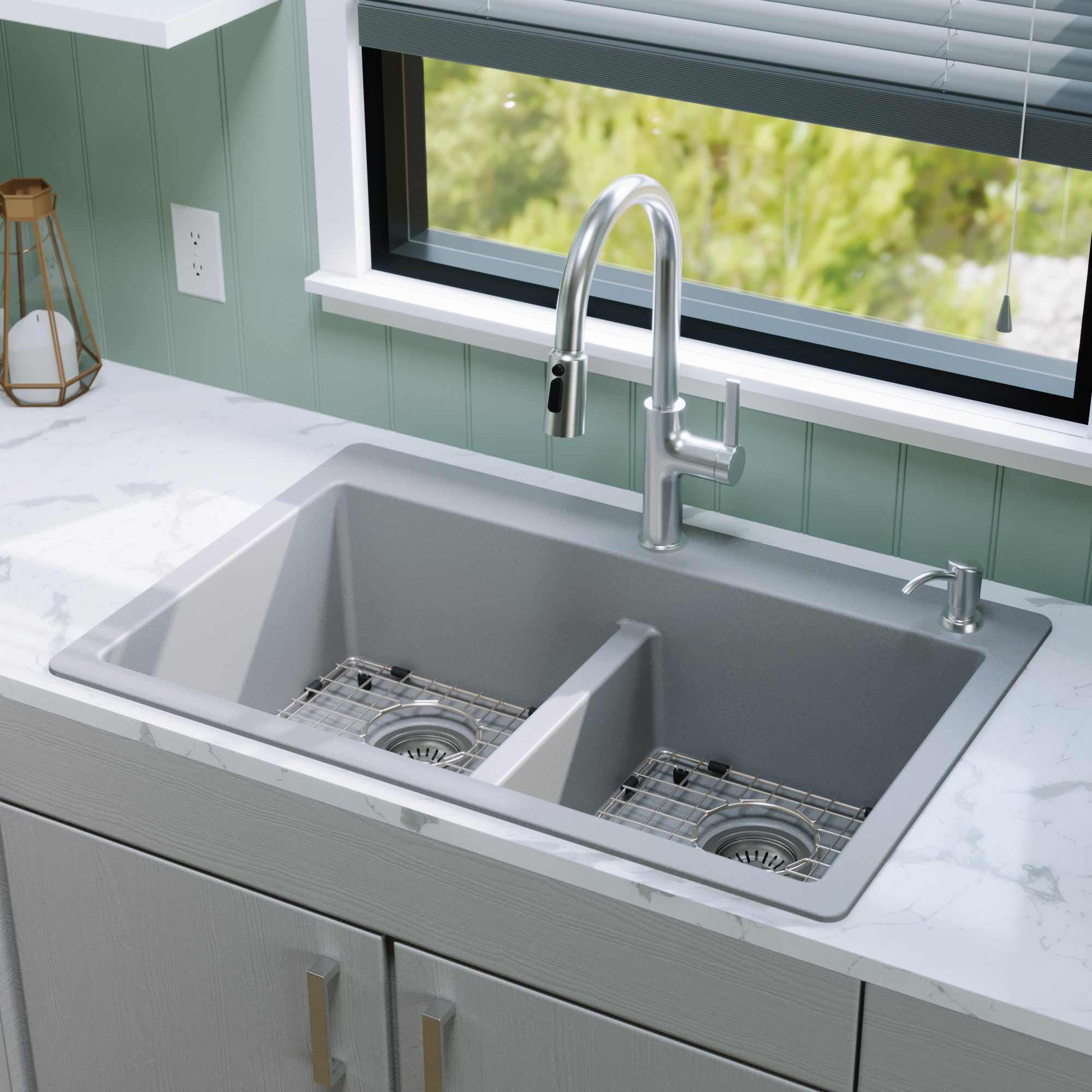 Alternative View of Karran 33" Drop In/Topmount Quartz Composite Kitchen Sink Kit, 50/50 Double Bowl, Grey, QT-810-GR-PK1