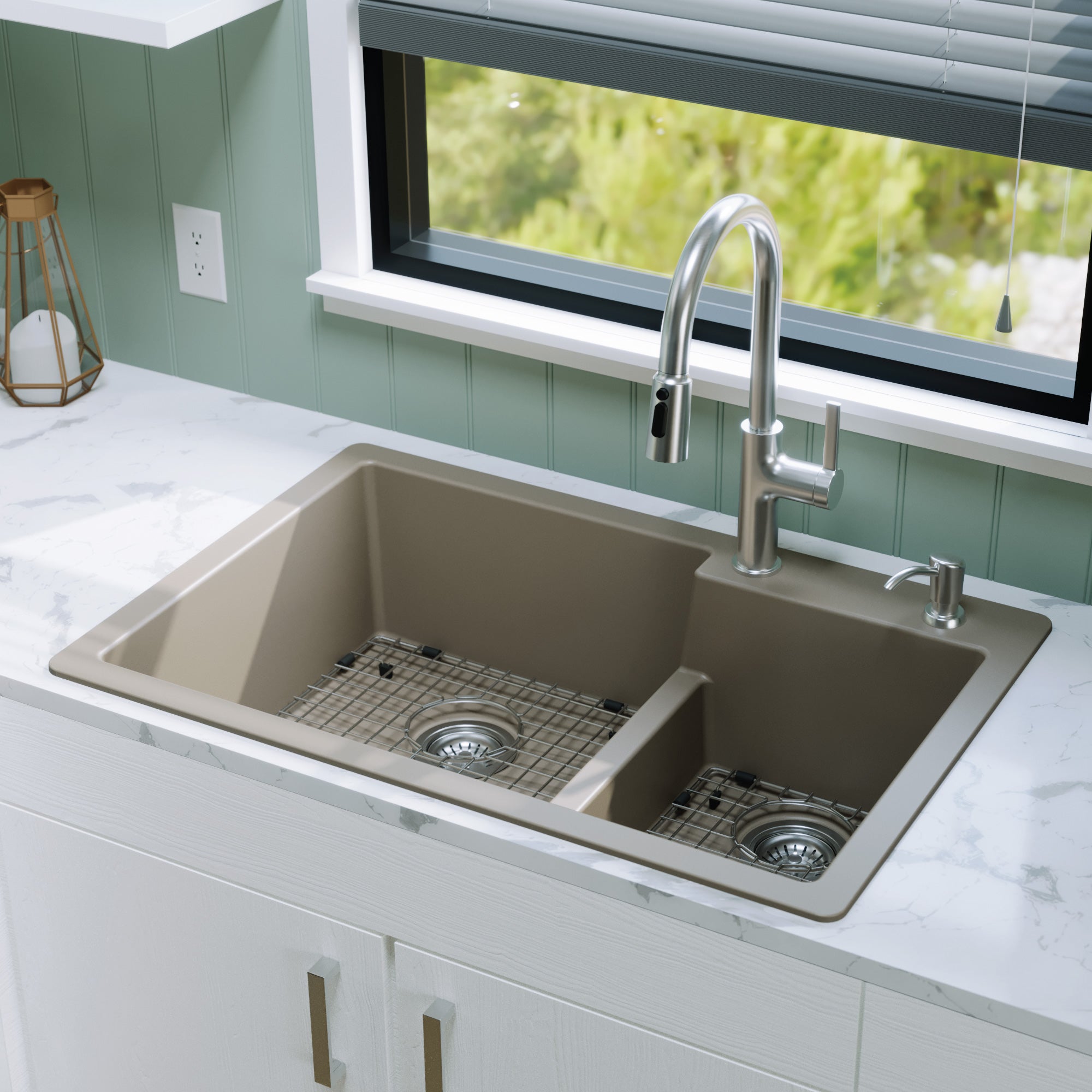 Alternative View of Karran 33" Drop In/Topmount Quartz Composite Kitchen Sink with Accessories, 60/40 Double Bowl, Concrete, QT-811-CN-PK1