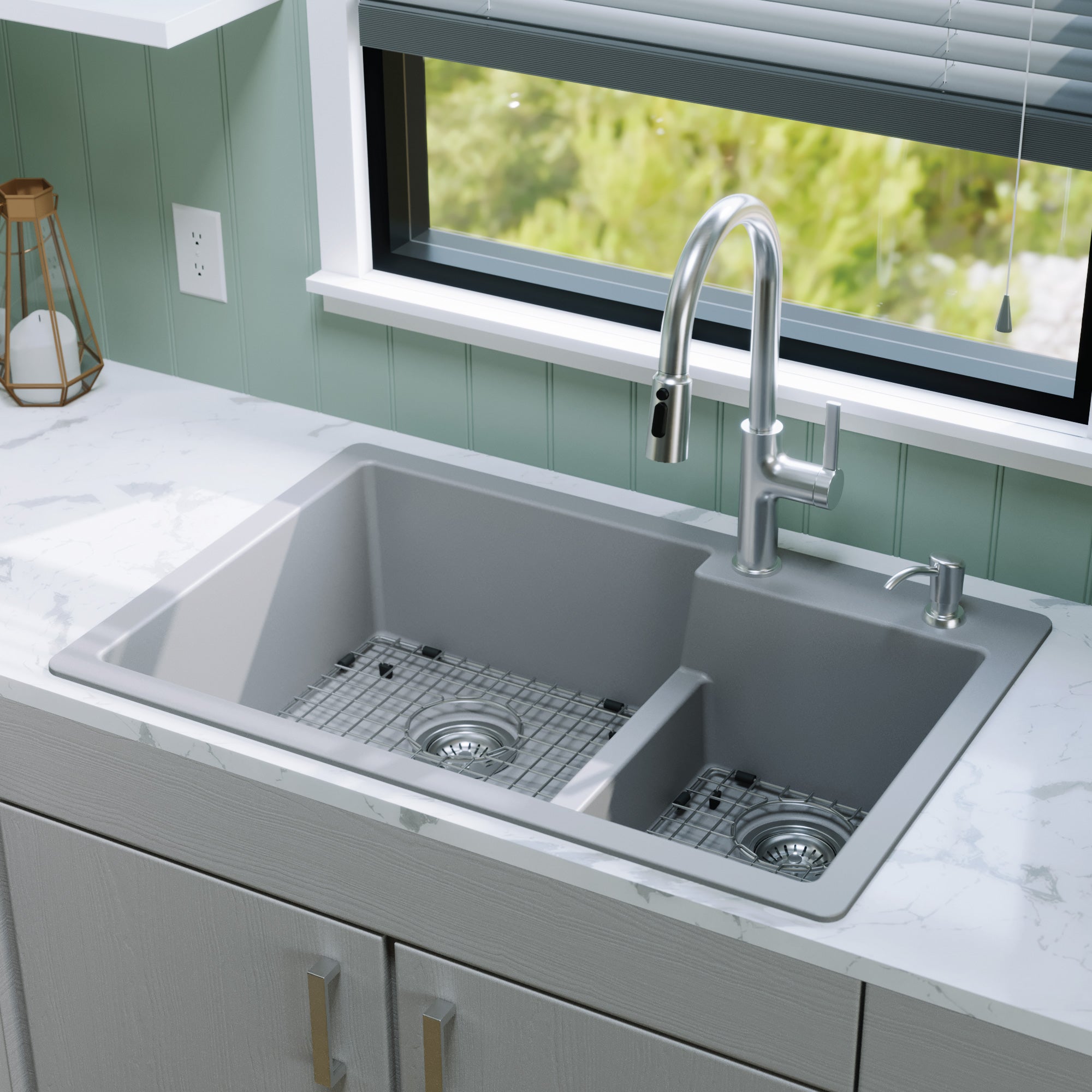 Alternative View of Karran 33" Drop In/Topmount Quartz Composite Kitchen Sink with Accessories, 60/40 Double Bowl, Grey, QT-811-GR-PK1