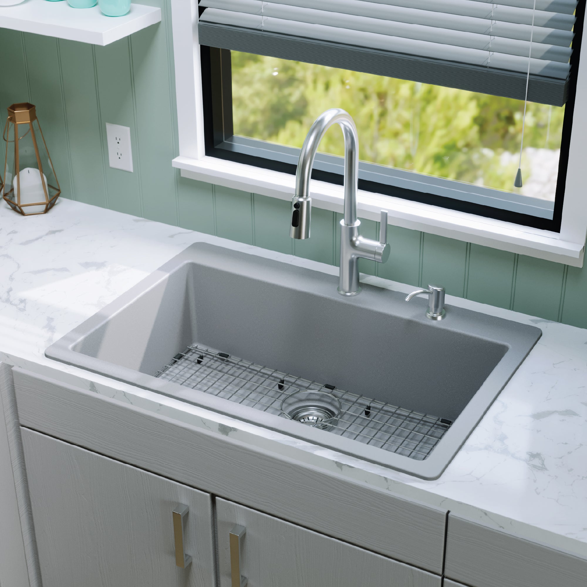 Alternative View of Karran 33" Drop In/Topmount Quartz Composite Kitchen Sink with Accessories, Grey, QT-812-GR-PK1
