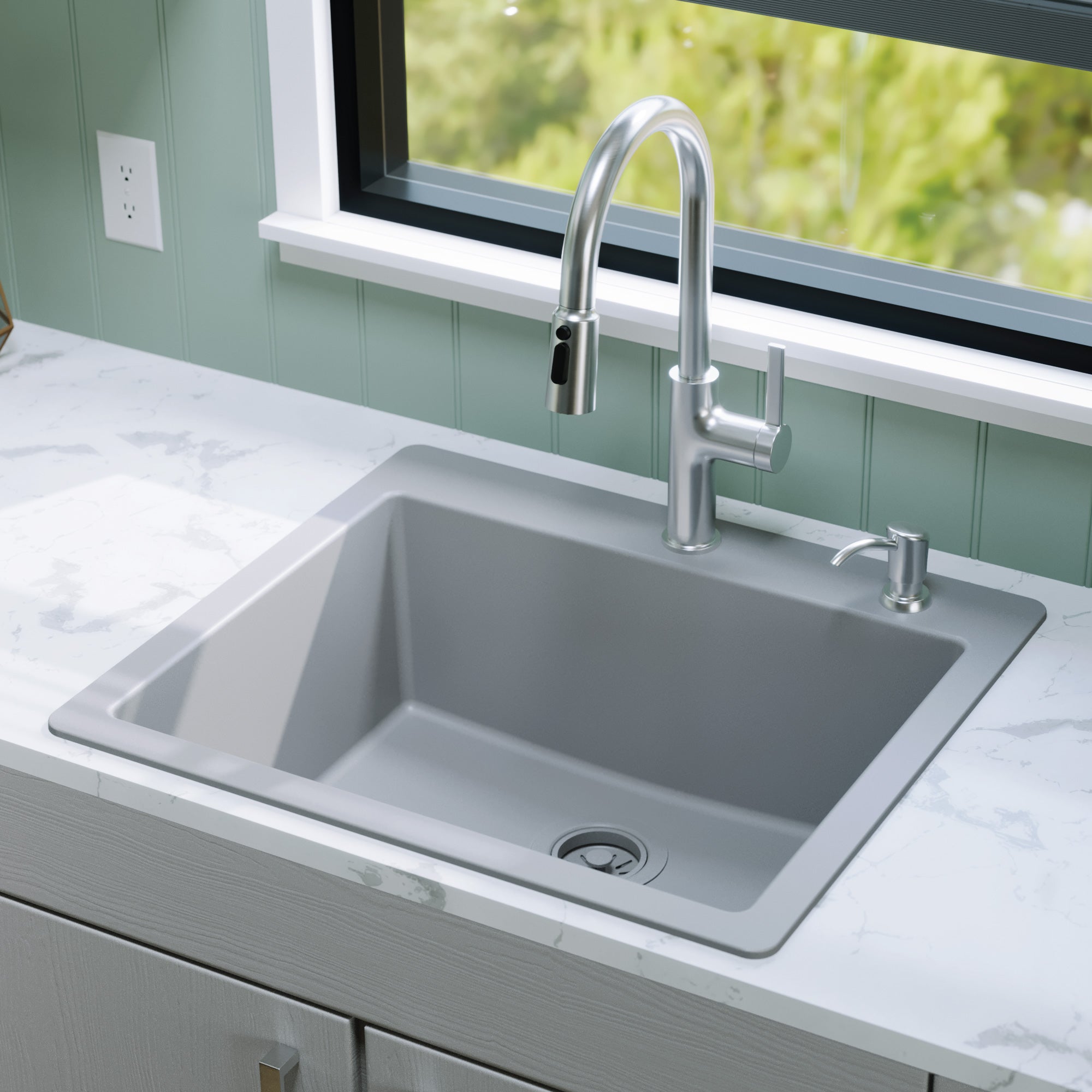 Alternative View of Karran 25" Drop In/Topmount Quartz Composite Kitchen Sink, Grey, QT-820-GR