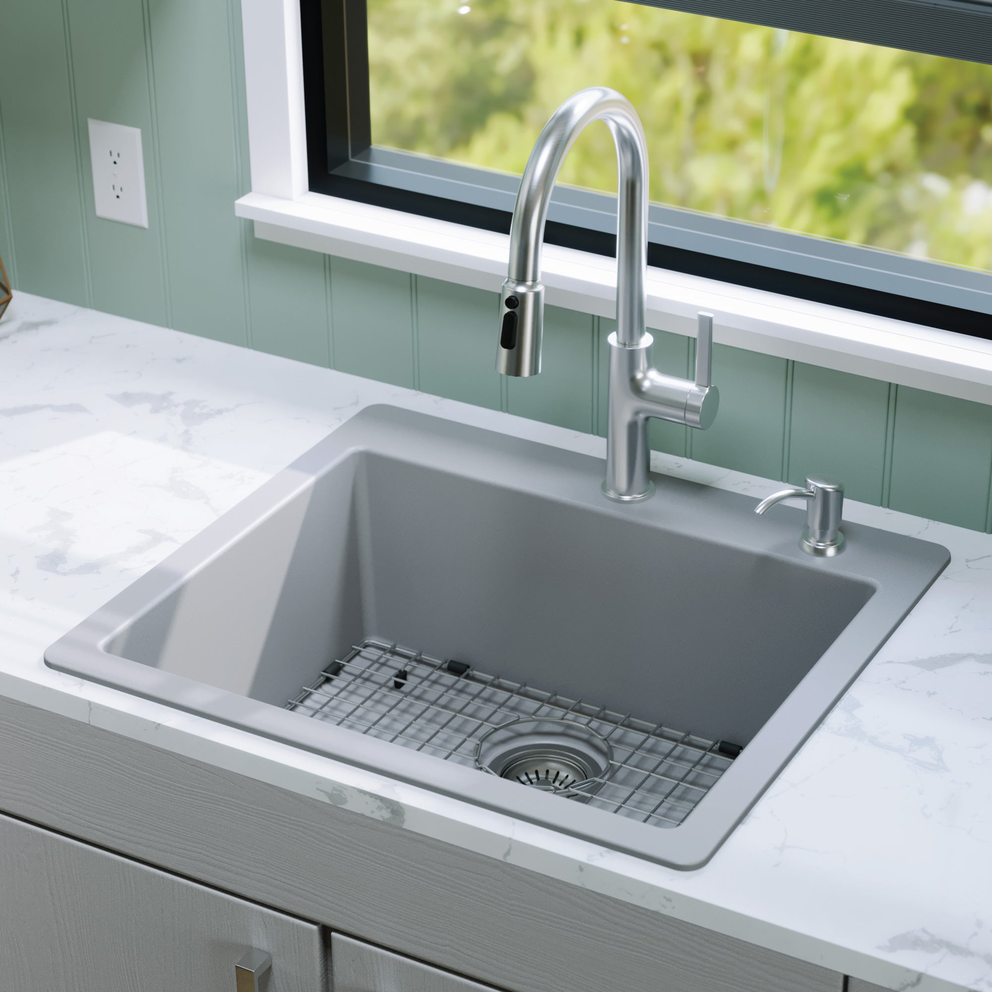 Alternative View of Karran 25" Drop In/Topmount Quartz Composite Kitchen Sink with Accessories, Grey, QT-820-GR-PK1