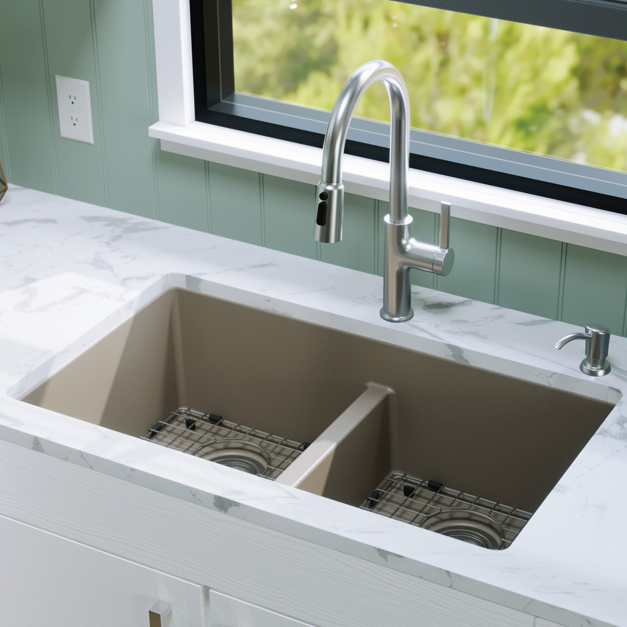 Alternative View of Karran 32" Undermount Quartz Composite Kitchen Sink with Accessories, 50/50 Double Bowl, Concrete, QU-810-CN-PK1