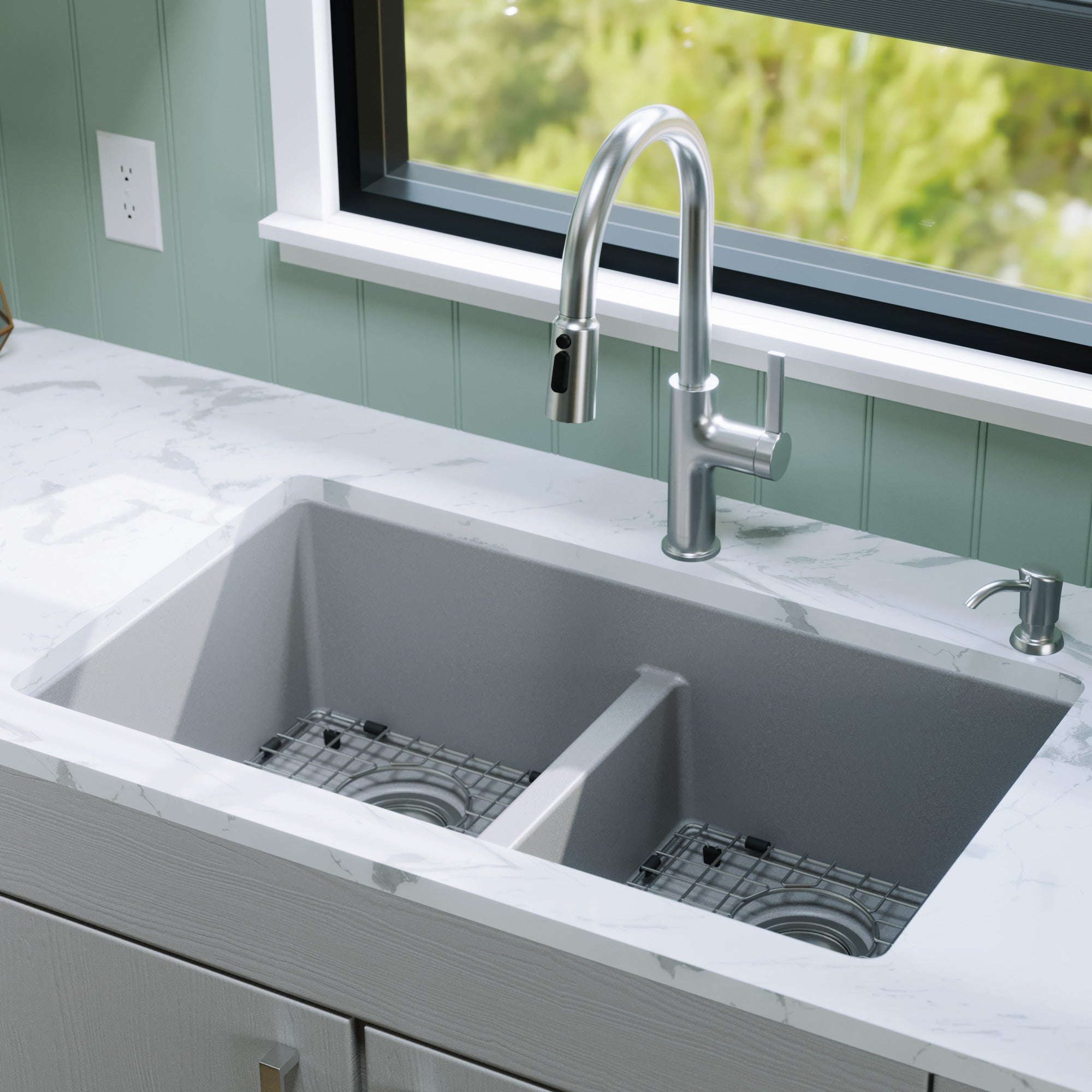 Alternative View of Karran 32" Undermount Quartz Composite Kitchen Sink with Accessories, 50/50 Double Bowl, Grey, QU-810-GR-PK1