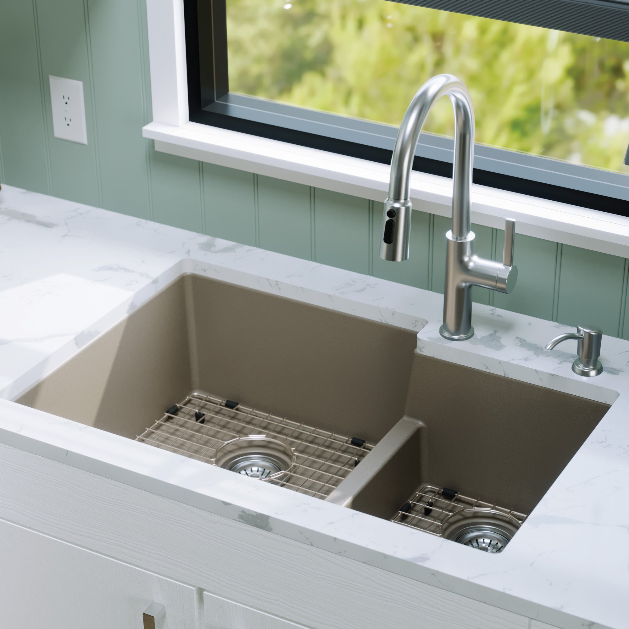 Alternative View of Karran 32" Undermount Quartz Composite Kitchen Sink with Accessories, 60/40 Double Bowl, Concrete, QU-811-CN-PK1