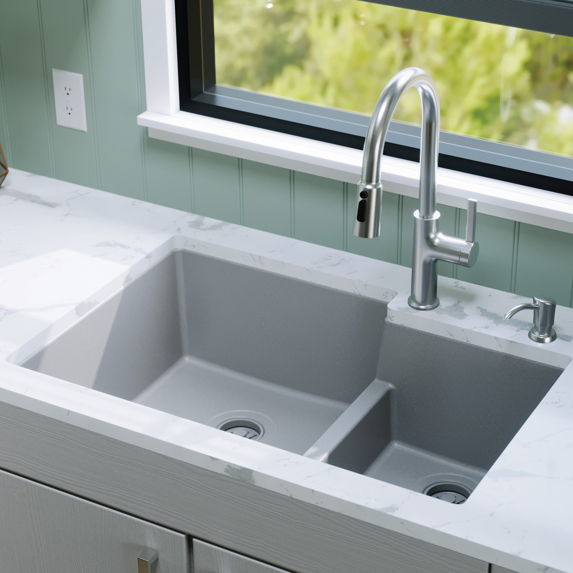 Alternative View of Karran 32" Undermount Quartz Composite Kitchen Sink, 60/40 Double Bowl, Grey, QU-811-GR