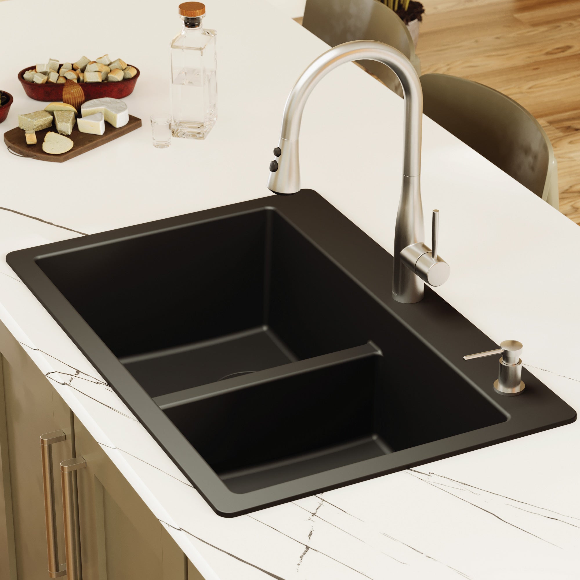 Alternative View of Karran 33" Drop In/Topmount Quartz Composite Kitchen Sink, 50/50 Double Bowl, Black, QT-810-BL