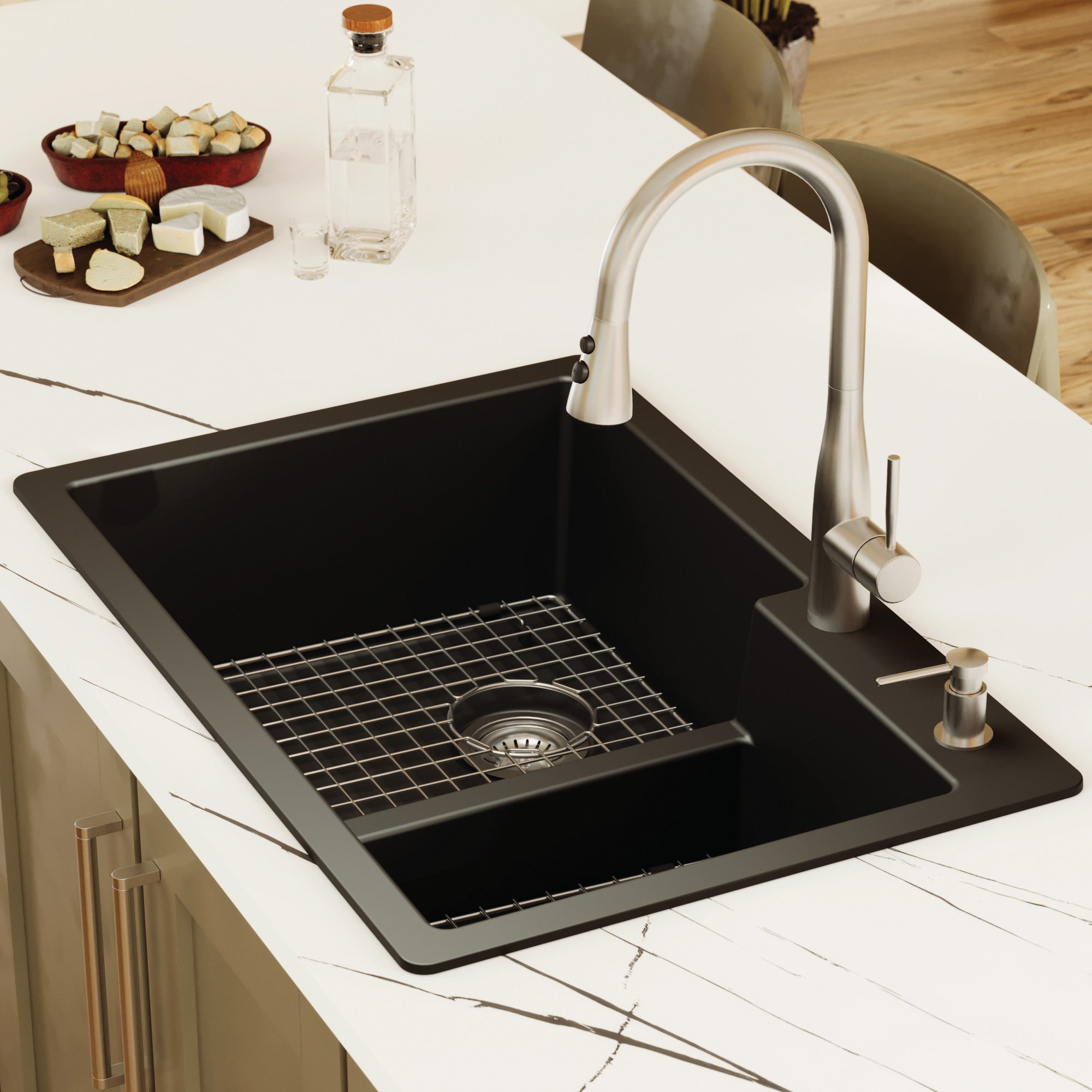 Alternative View of Karran 33" Drop In/Topmount Quartz Composite Kitchen Sink with Accessories, 60/40 Double Bowl, Black, QT-811-BL-PK1