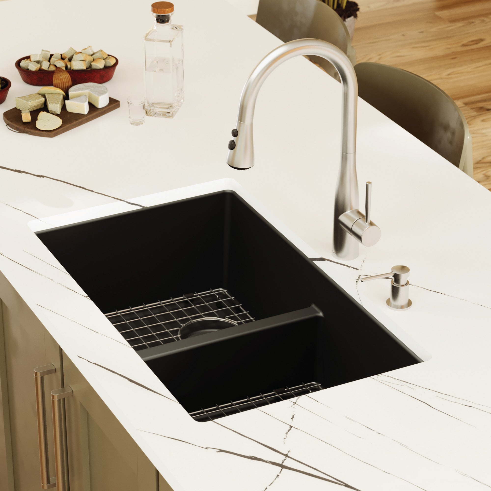 Alternative View of Karran 32" Undermount Quartz Composite Kitchen Sink with Accessories, 50/50 Double Bowl, Black, QU-810-BL-PK1