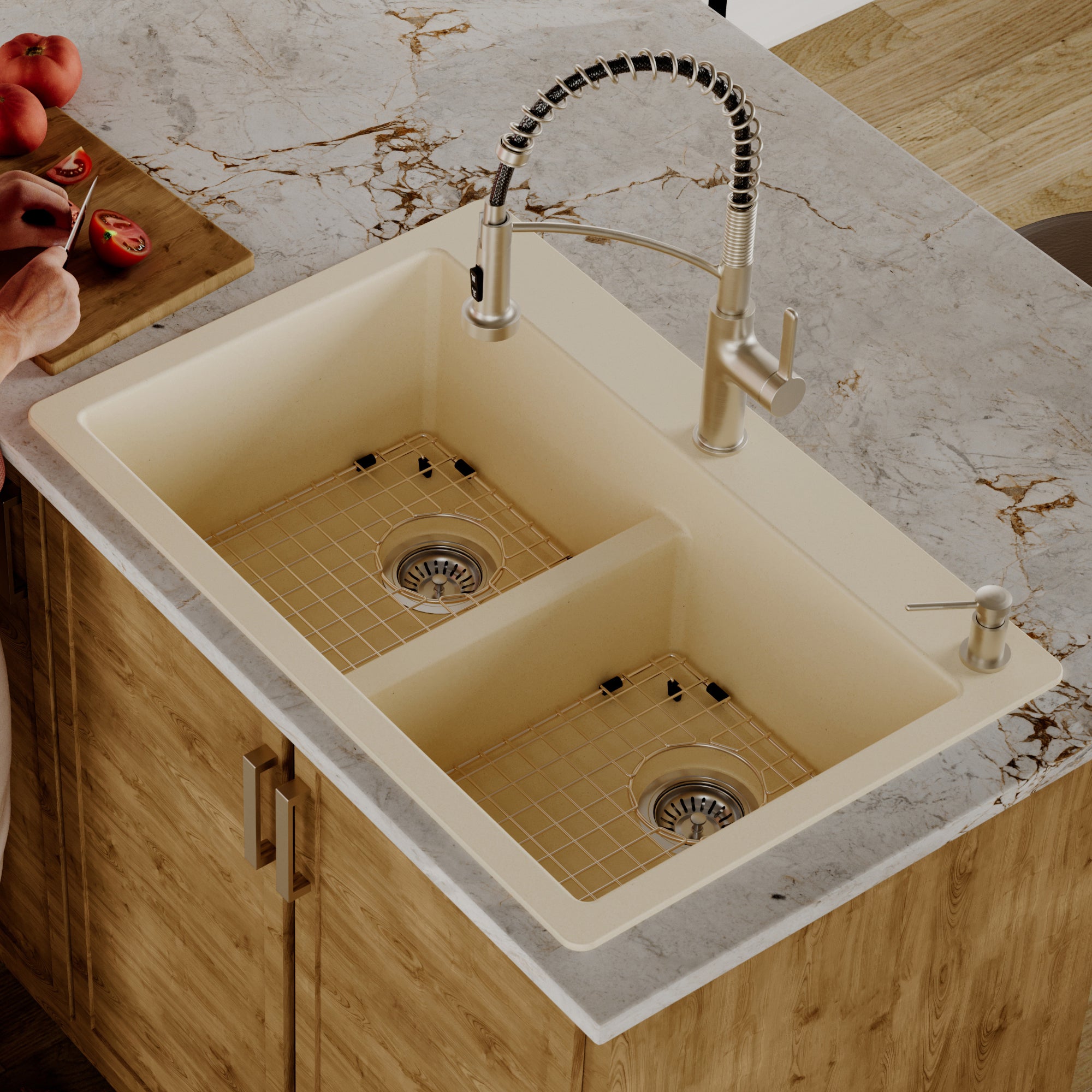 Alternative View of Karran 33" Drop In/Topmount Quartz Composite Kitchen Sink with Accessories, 50/50 Double Bowl, Bisque, QT-810-BI-PK1