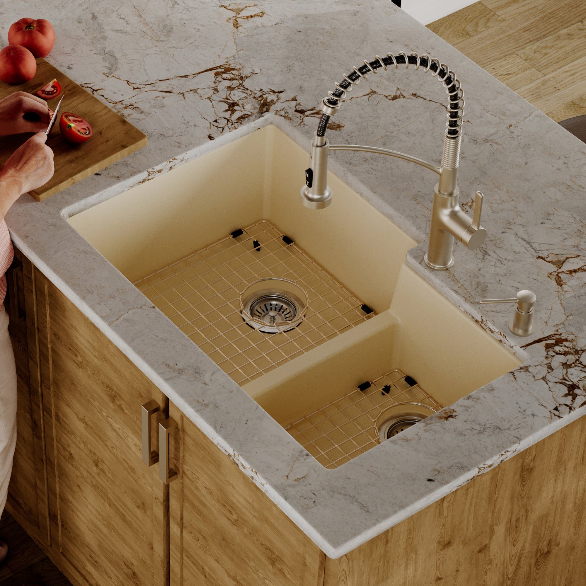 Alternative View of Karran 32" Undermount Quartz Composite Kitchen Sink with Accessories, 60/40 Double Bowl, Bisque, QU-811-BI-PK1