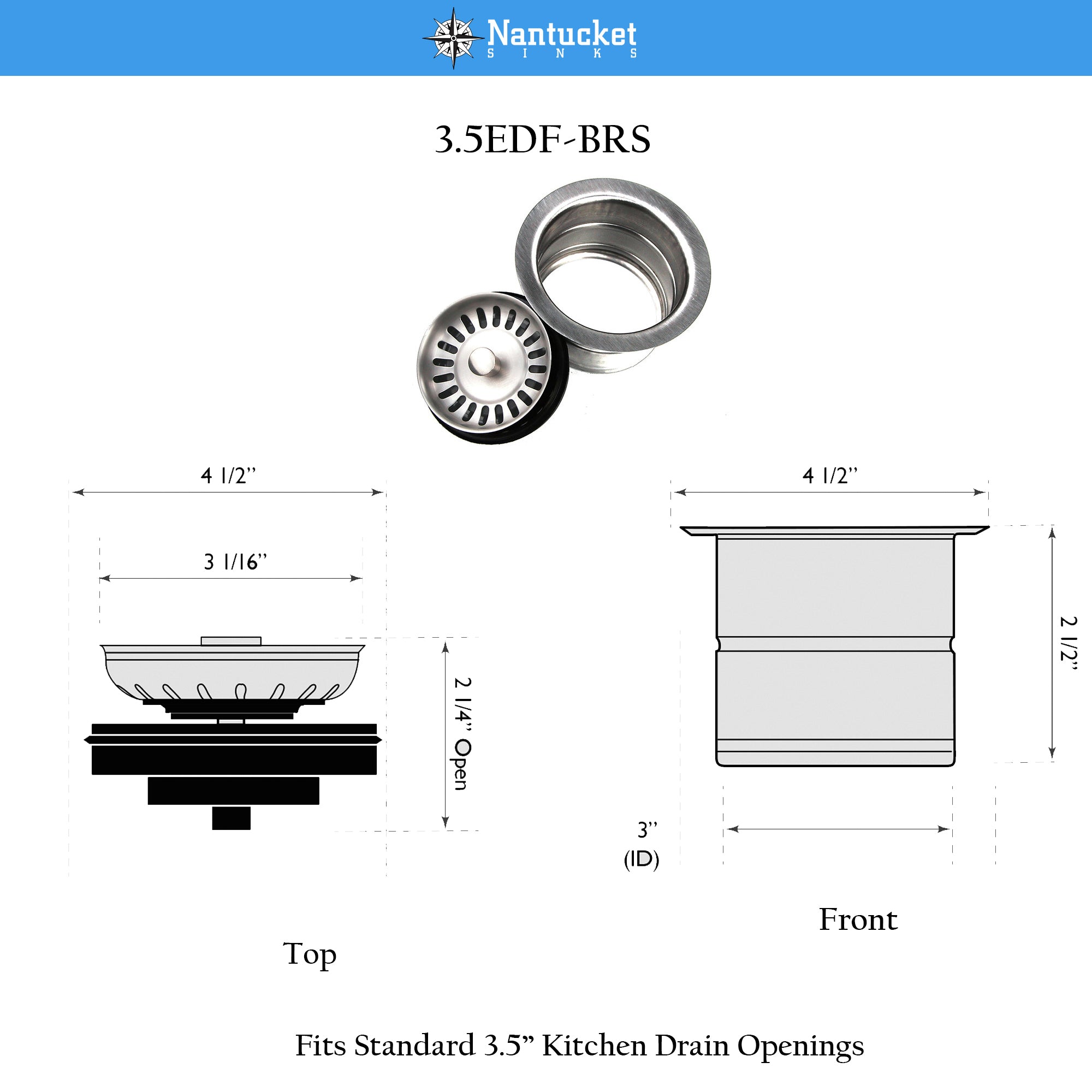 Nantucket Sink 3.5 Inch Extended Flange Disposal Kitchen Drain in Brushed Stainless 3.5EDF-BRS