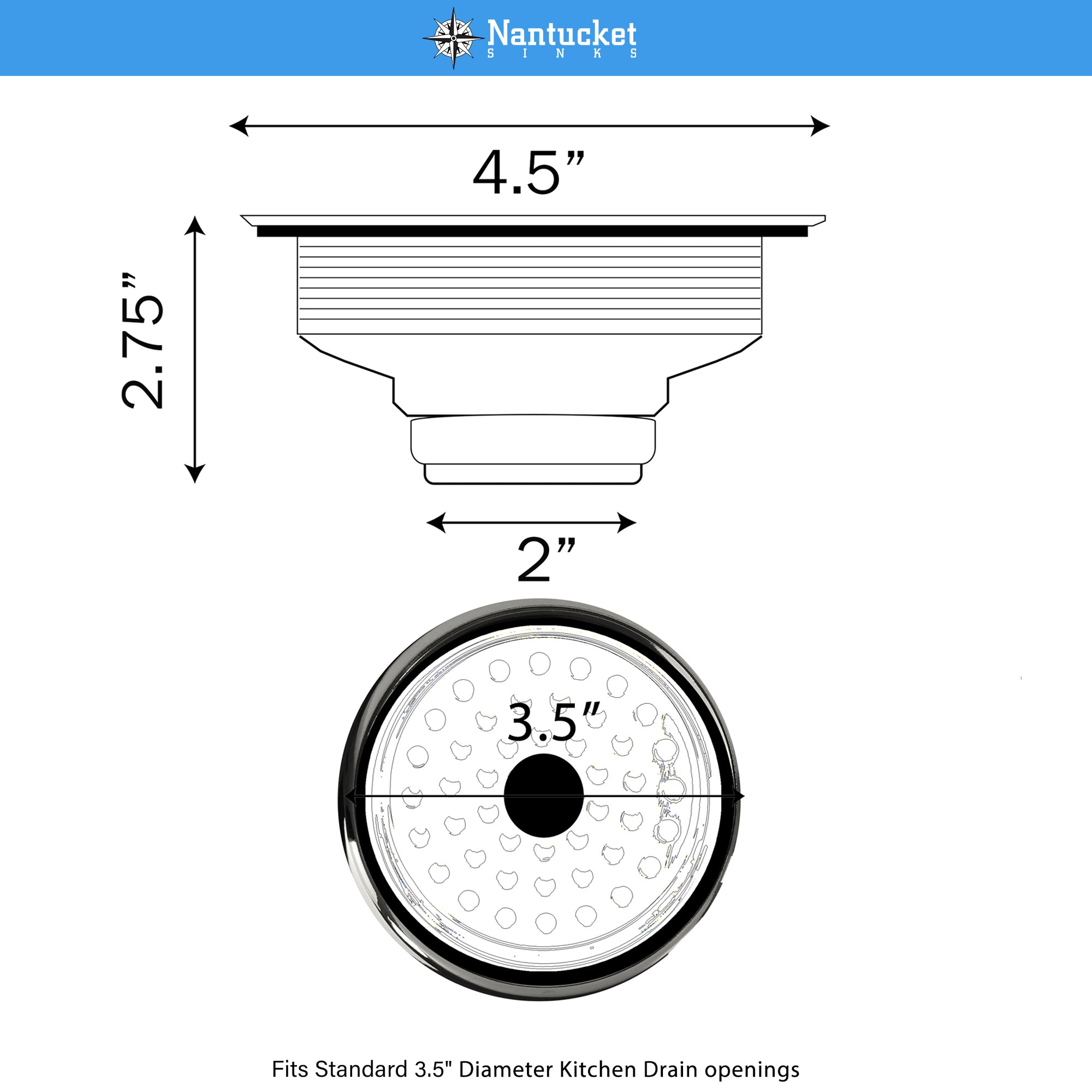 Nantucket Sinks Polished Brass 3.5 Inch Kitchen Drain 3.5 KDPB