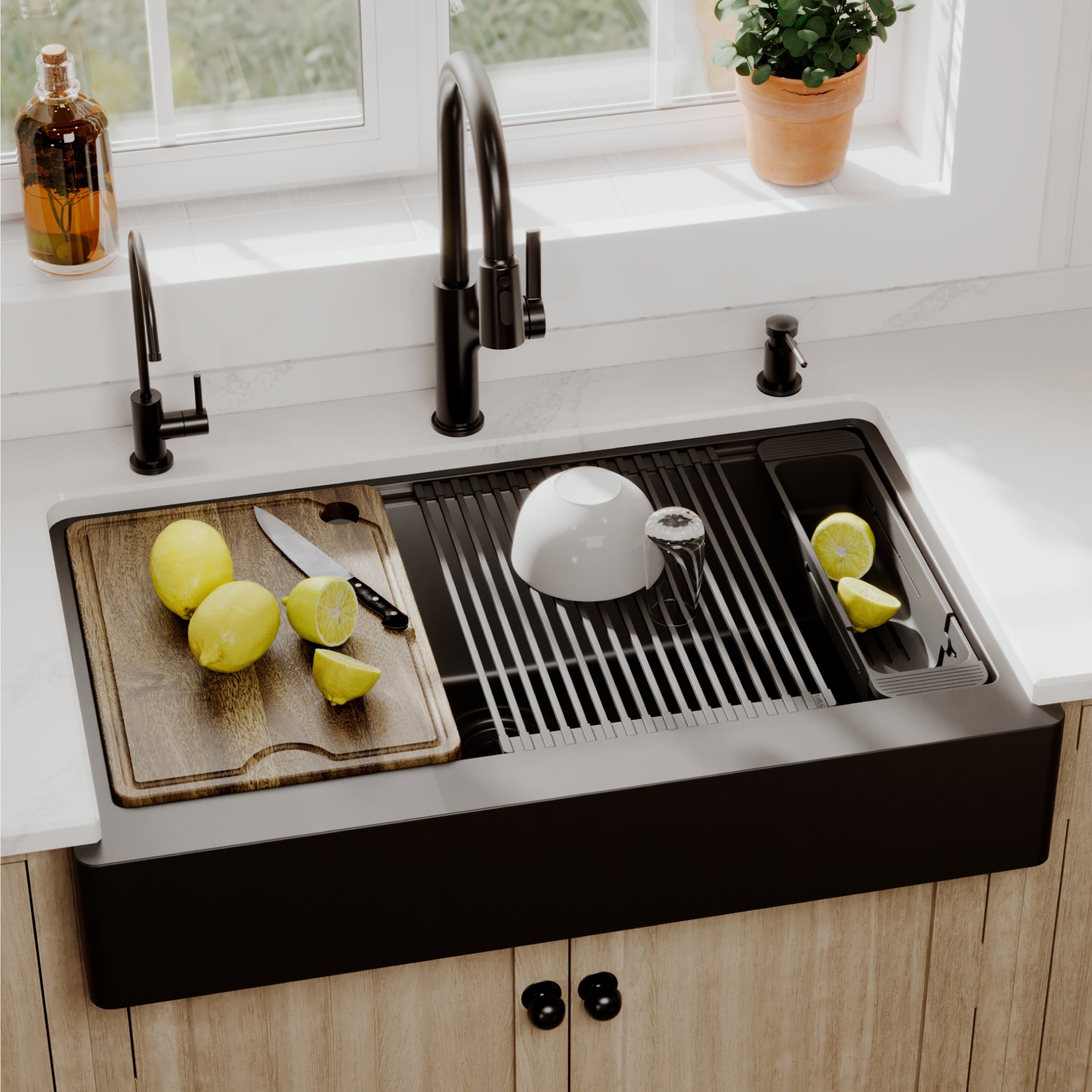 Karran 34 quartz composite retrofit workstation farmhouse sink black lifestyle image