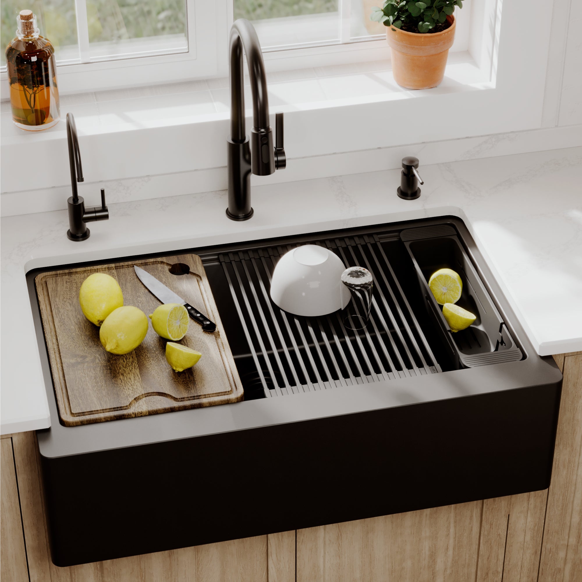 Karran 34 quartz composite workstation farmhouse sink black lifestyle image