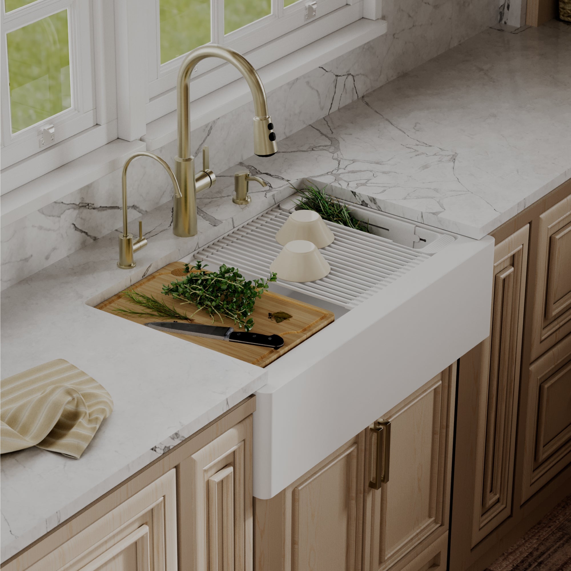 Karran 34 quartz composite workstation farmhouse sink white lifestyle image