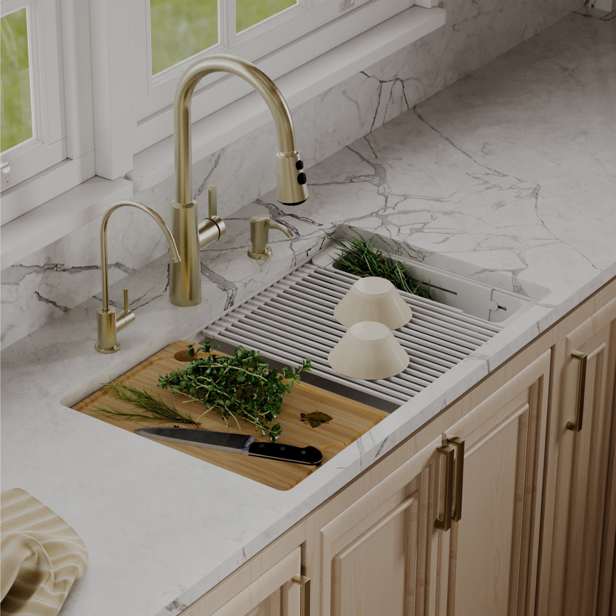 Karran 32 quartz composite workstation kitchen sink white lifestyle image