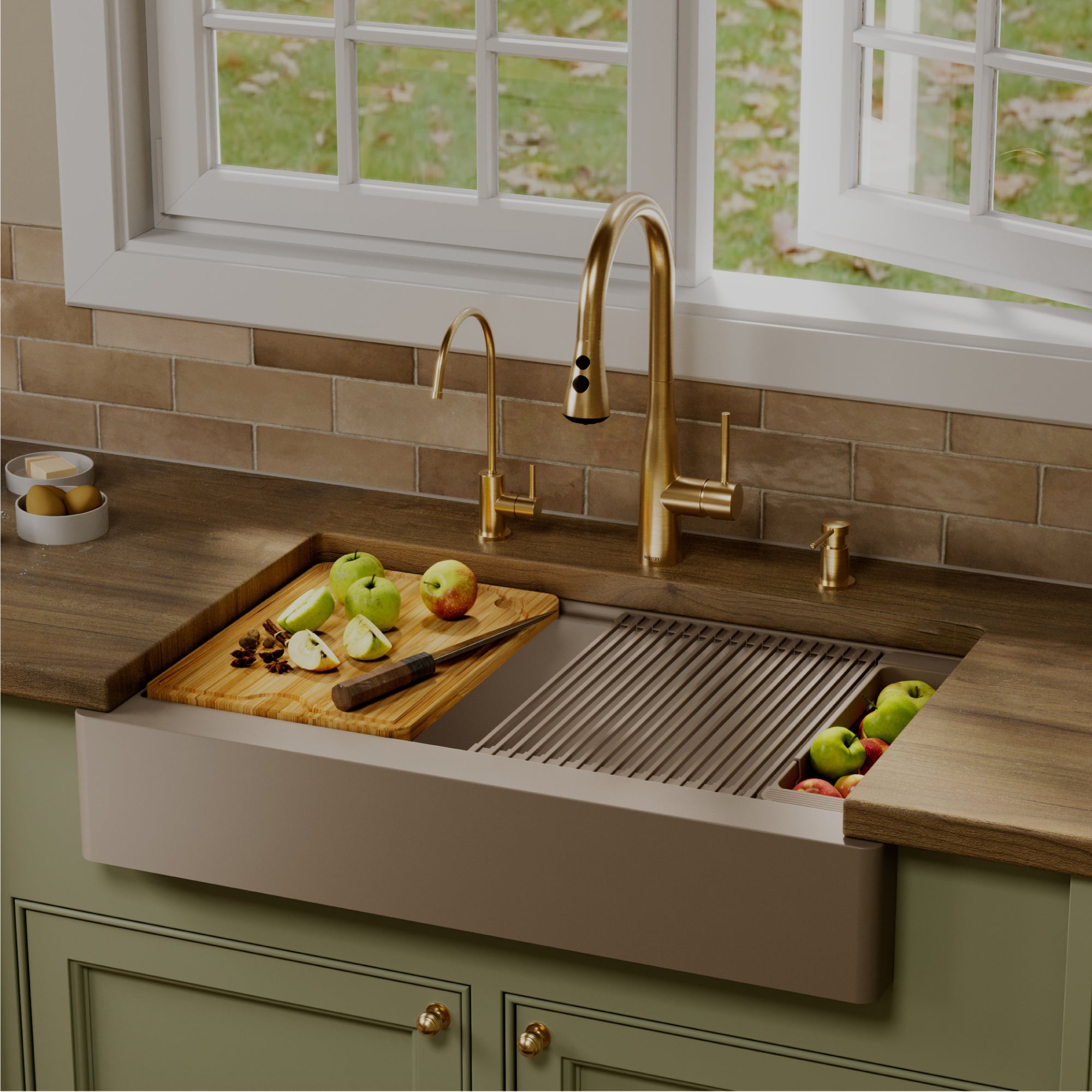 Karran 34 quartz composite retrofit workstation farmhouse sink concrete lifestyle image