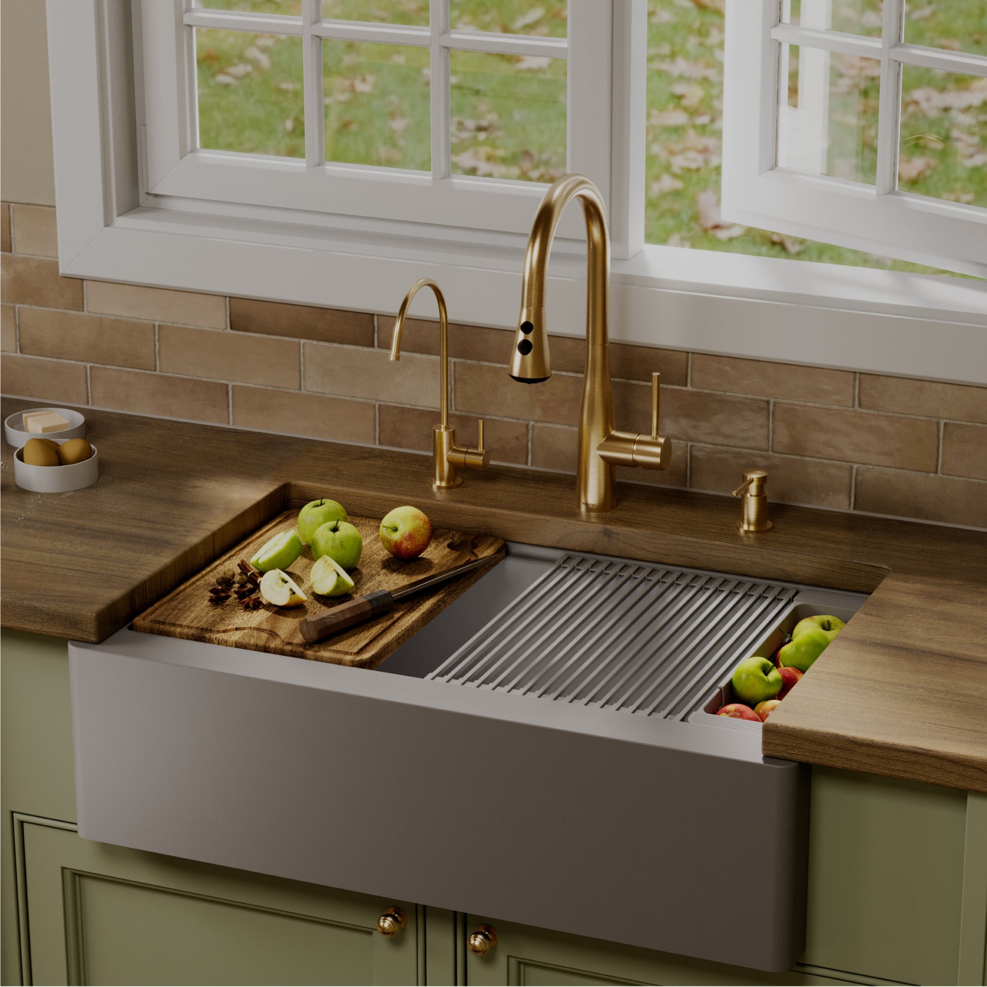 Karran 34 quartz composite workstation farmhouse sink grey lifestyle image