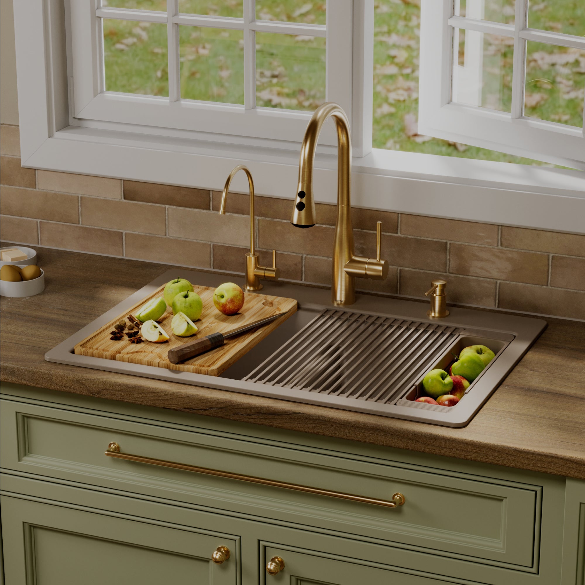 Karran 33 quartz composite workstation kitchen sink 50/50 double bowl concrete lifestyle image