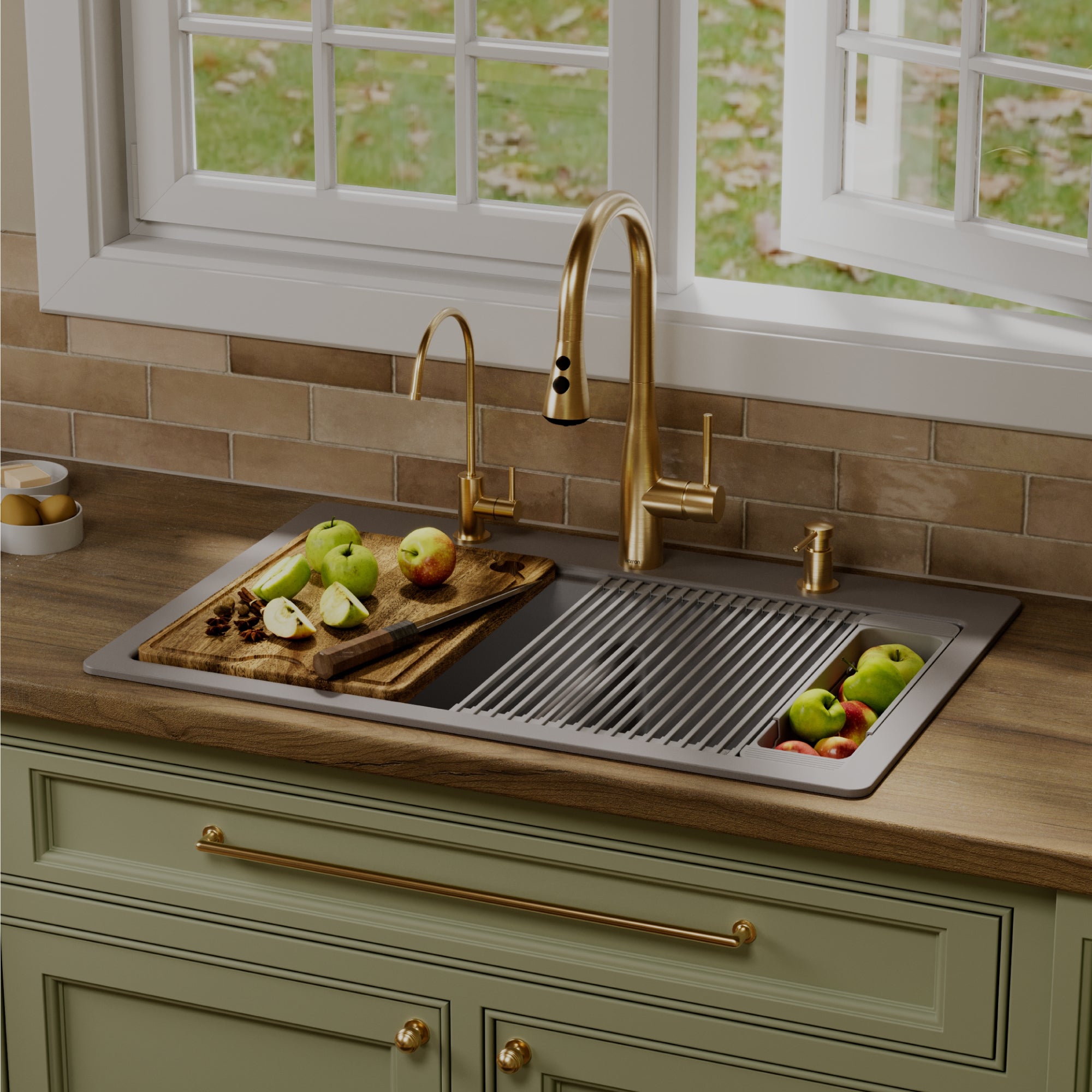 Karran 33 quartz composite workstation kitchen sink 50/50 double bowl grey lifestyle image