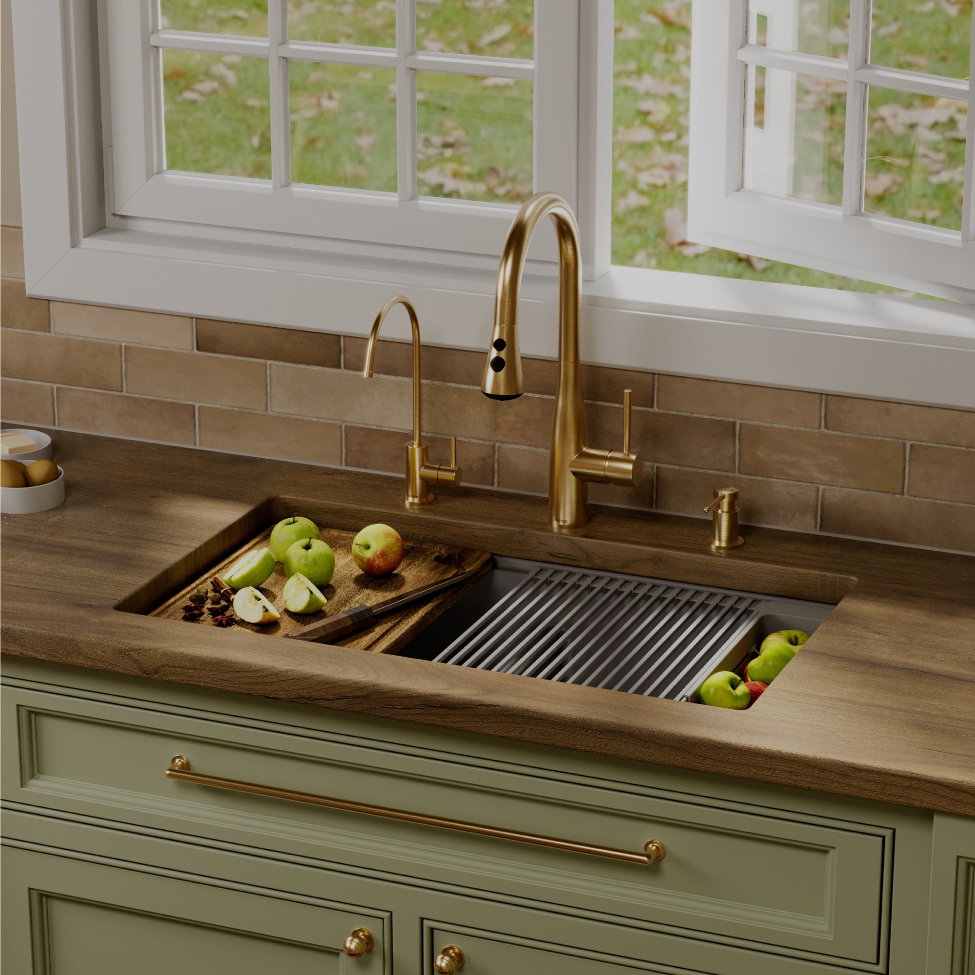 Karran 32 quartz composite workstation kitchen sink 50/50 double bowl grey lifestyle image