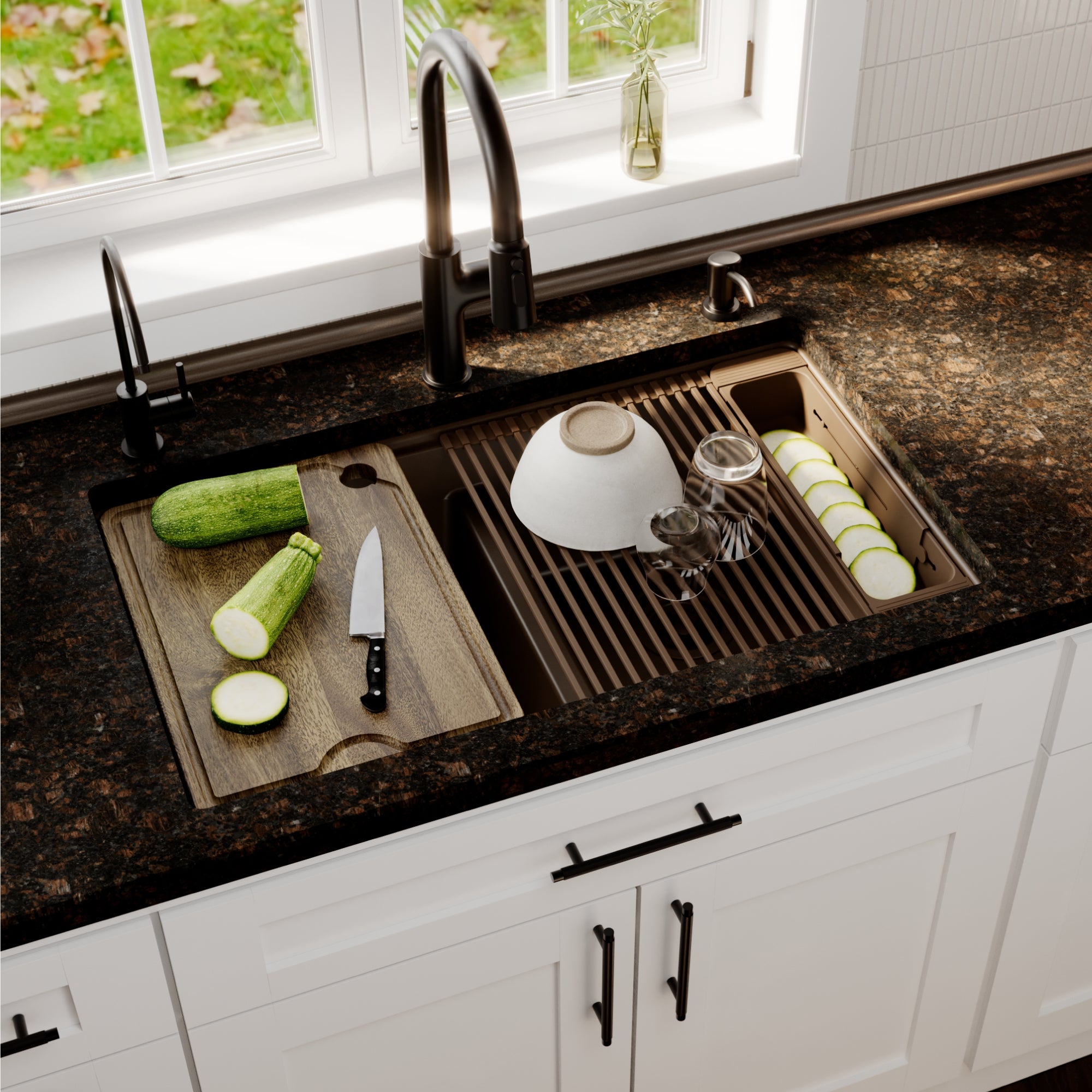 Karran 32 quartz composite workstation kitchen sink 50/50 double bowl brown lifestyle image