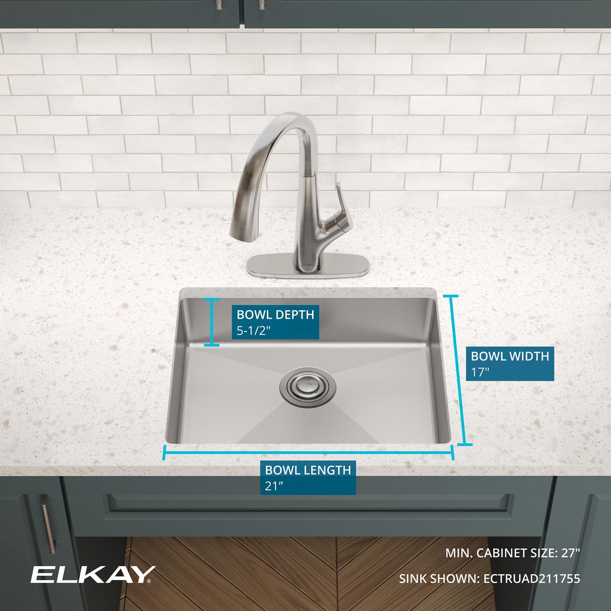 Elkay Crosstown 23" Undermount Stainless Steel ADA Kitchen Sink, Polished Satin, 18 Gauge, ECTRUAD211755