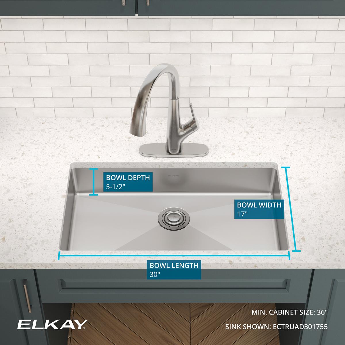 Elkay Crosstown 32" Undermount Stainless Steel ADA Kitchen Sink, Polished Satin, 18 Gauge, ECTRUAD301755