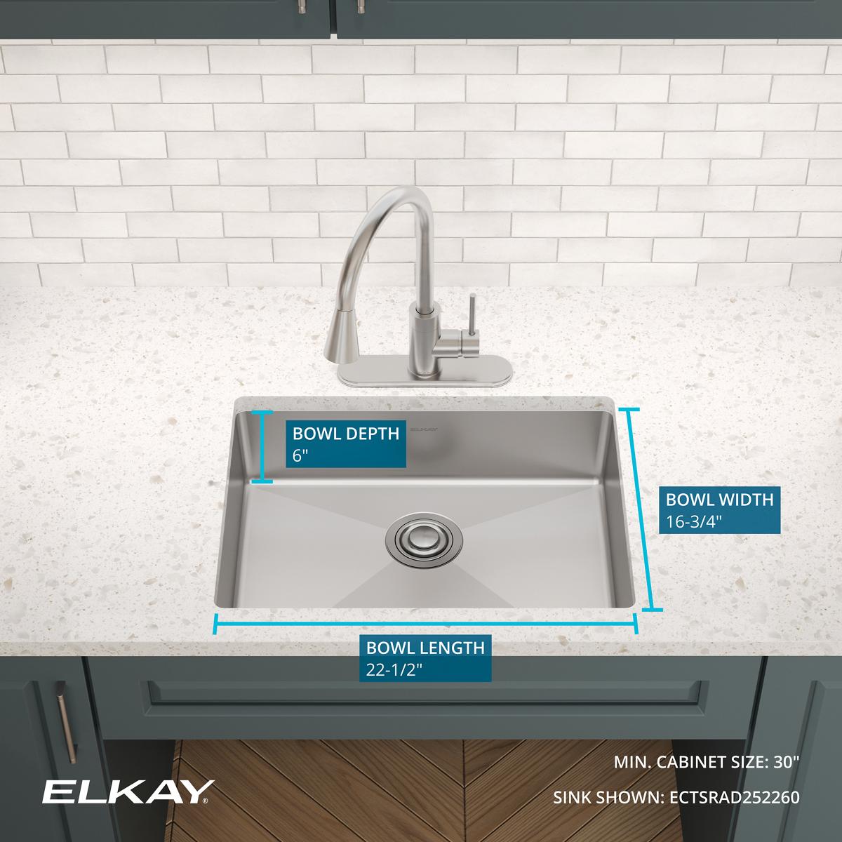 Elkay Crosstown 25" Dual Mount Stainless Steel ADA Kitchen Sink, Polished Satin, 1 Faucet Hole, ECTSRAD2522601