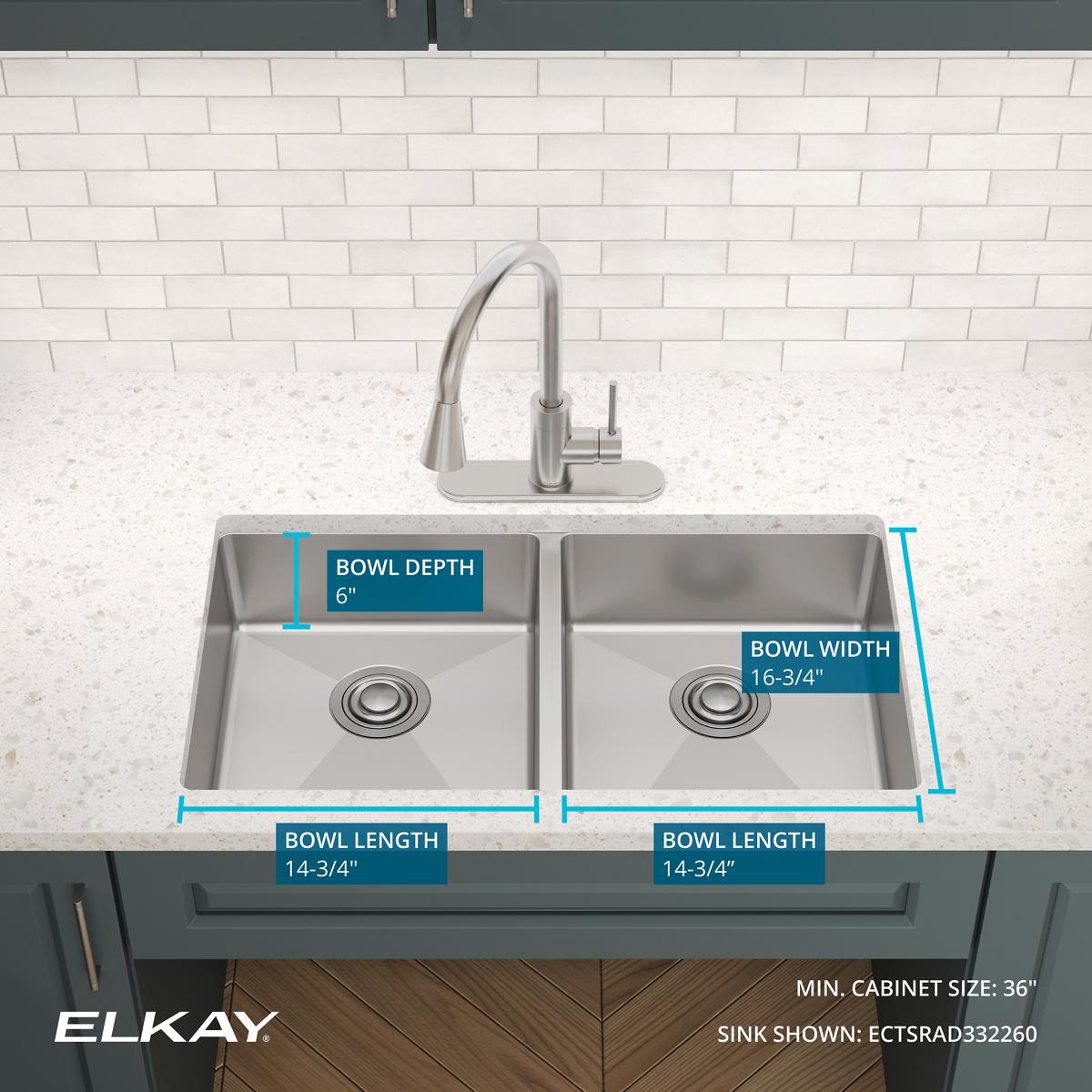 Elkay Crosstown 33" Dual Mount Stainless Steel ADA Kitchen Sink, 50/50 Double Bowl, Polished Satin, No Faucet Hole, ECTSRAD3322600
