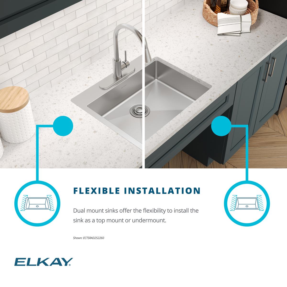 Elkay Crosstown 25" Dual Mount Stainless Steel ADA Kitchen Sink, Polished Satin, 1 Faucet Hole, ECTSRAD2522601