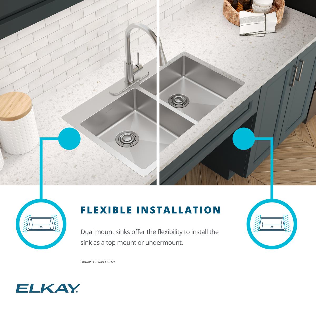 Elkay Crosstown 33" Dual Mount Stainless Steel ADA Kitchen Sink, 50/50 Double Bowl, Polished Satin, No Faucet Hole, ECTSRAD3322600