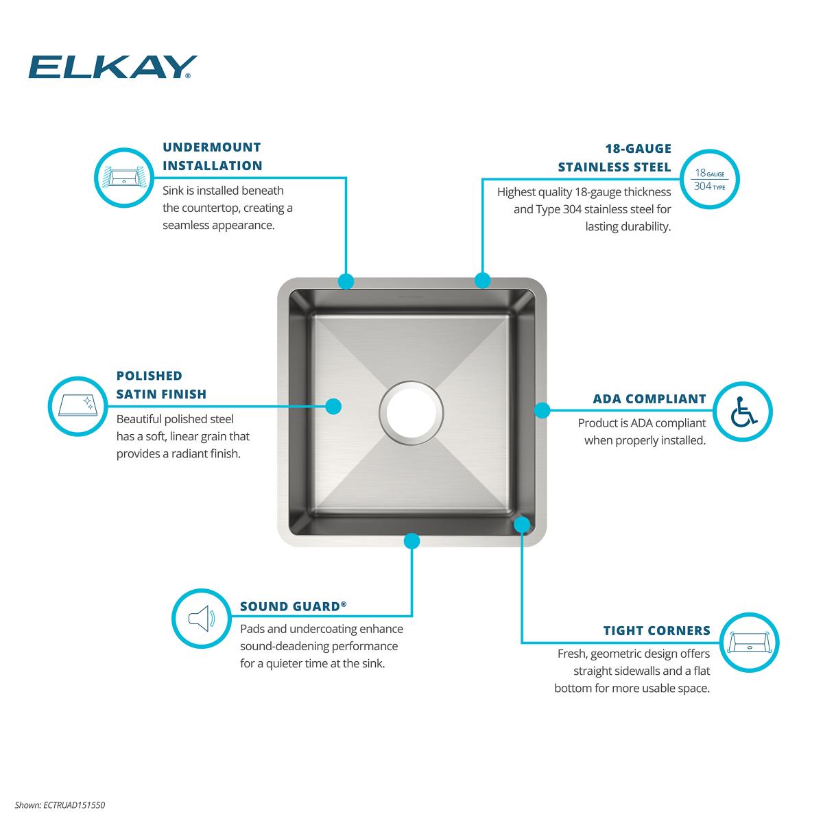 Elkay Crosstown 17" Rectangle Stainless Steel ADA Bar/Prep Sink, Polished Satin, 18 Gauge, ECTRUAD151550