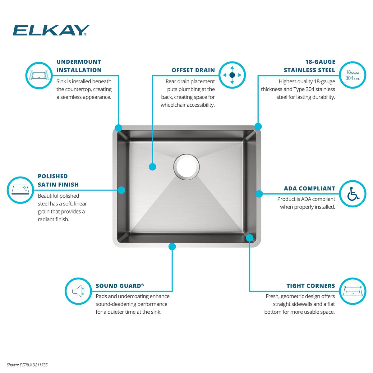 Elkay Crosstown 23" Undermount Stainless Steel ADA Kitchen Sink, Polished Satin, 18 Gauge, ECTRUAD211755