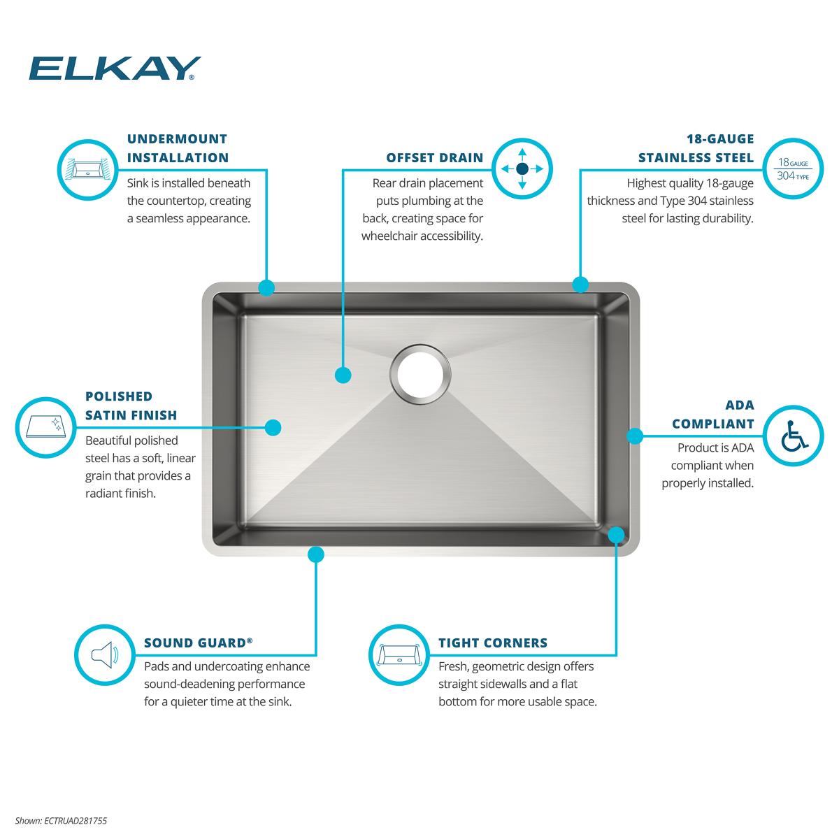 Elkay Crosstown 30" Undermount Stainless Steel ADA Kitchen Sink, Polished Satin, 18 Gauge, ECTRUAD281755