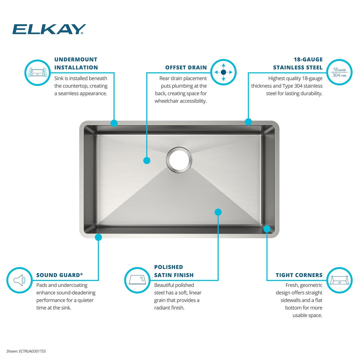 Elkay Crosstown 32" Undermount Stainless Steel ADA Kitchen Sink, Polished Satin, 18 Gauge, ECTRUAD301755