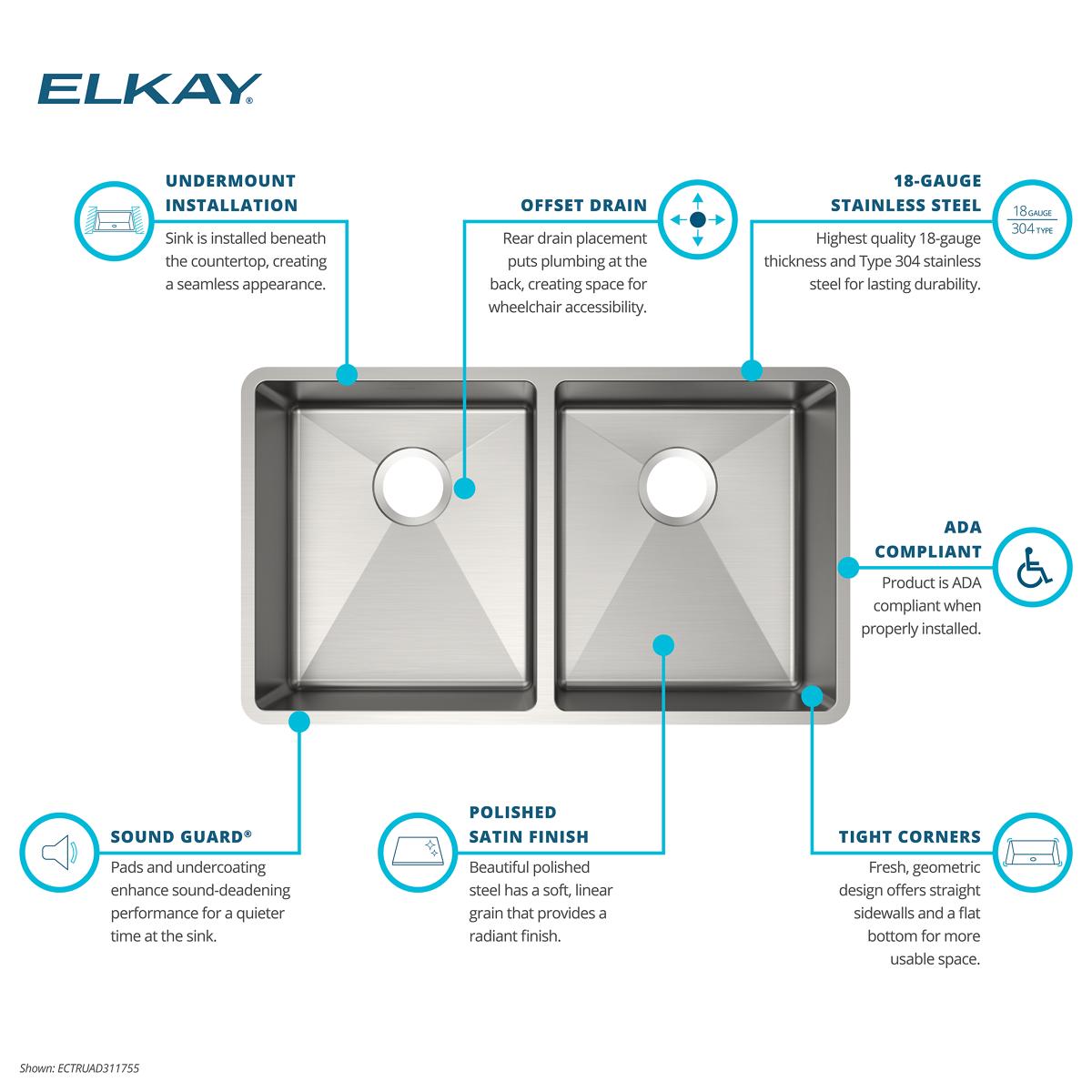Elkay Crosstown 32" Undermount Stainless Steel ADA Kitchen Sink, 50/50 Double Bowl, Polished Satin, 18 Gauge, ECTRUAD311755