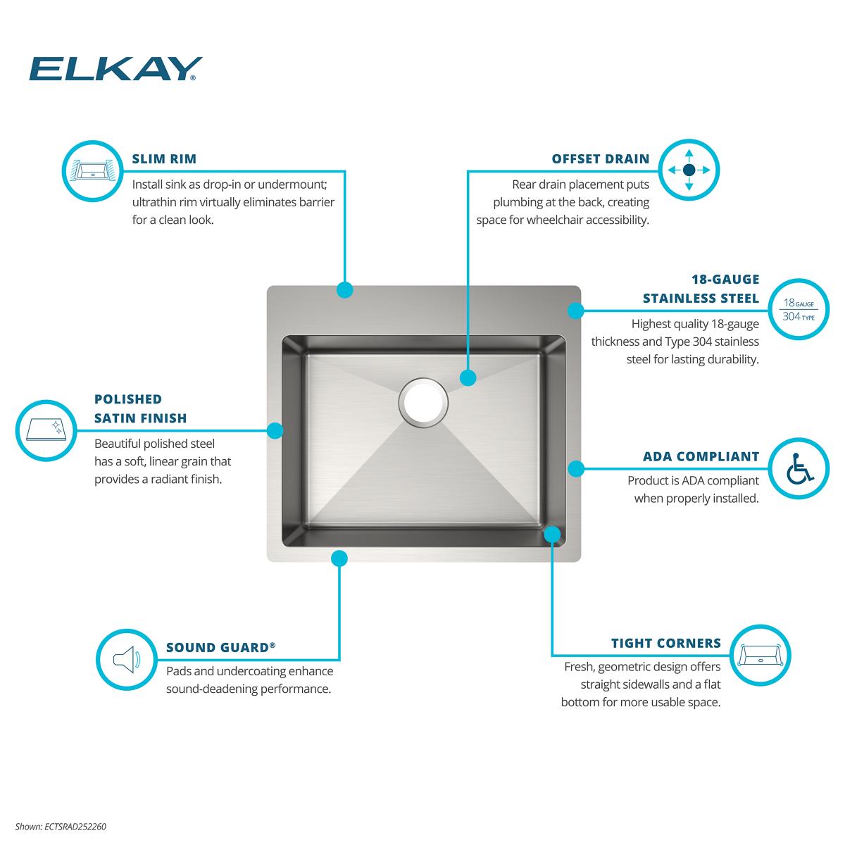 Elkay Crosstown 25" Dual Mount Stainless Steel ADA Kitchen Sink, Polished Satin, 1 Faucet Hole, ECTSRAD2522601